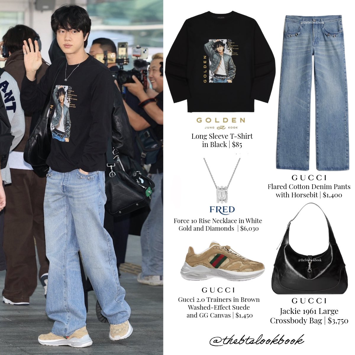 thebtslookbook's tweet photo. Jin wore a “Golden L/S T-Shirt” by Jungkook, “Denim Pants”, “Gucci 2.0 Trainers” and “Jackie 1961 Bag” by Gucci and “Force 10 Rise Necklace”

#진 #Jin #BTS #ARMY #방탄소년단 #jinstyle #Gucci #JinxGucci #FREDjewelry #JinxFRED #thebtslookbook #BTS_WORLDTOUR_ARİRANG https://t.co/y86eufSx2z