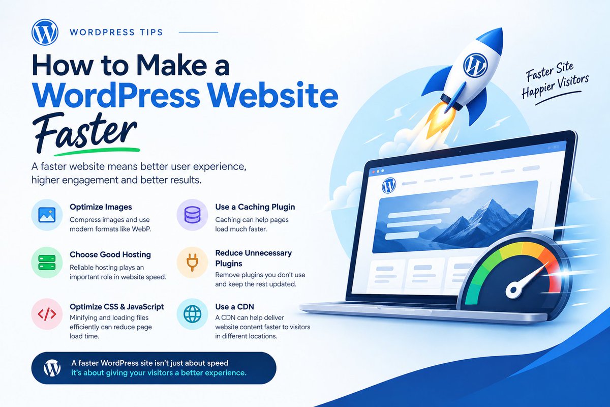 kawsarMaruf12's tweet photo. 🚀 Want to make your WordPress website faster?

Start with these 6 things:

⚡ Optimize images
⚡ Use caching
⚡ Choose reliable hosting
⚡ Remove unused plugins
⚡ Optimize CSS &amp; JavaScript
⚡ Use a CDN

💬 Need help?Hire me: https://t.co/uZmND2FdRx

#WordPress #WebPerformance https://t.co/K6GPsdoK08