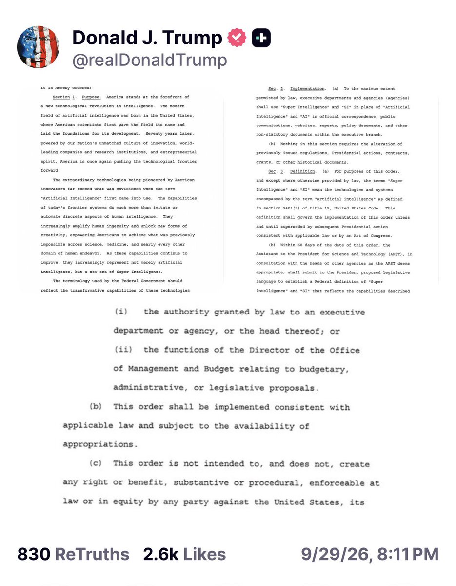 intheMatrixxx's tweet photo. President Trump posts the Super Intelligence order at 8:11 PM Eastern.

Timestamp 20:11

Q 2011 — 8/30/18:

SNOW WHITE 6 NOW OFFLINE.

Then 7.

PACKAGE COMPLETE.

IBM was Snow White. The seven dwarves were the other government mainframes.

Q took the numbered units offline.

Tonight the federal government drops “Artificial Intelligence.”

Official name is now Super Intelligence. SI.

8:11.

Q 2011.

Old stack dark.

New name on the letterhead.

Not artificial.

Super.

WWG1WGA 🇺🇸