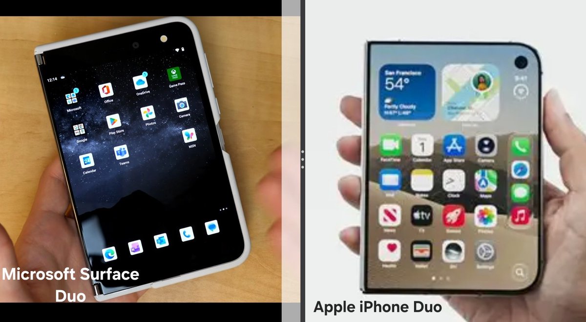 JLTechWord's tweet photo. I just noticed just how much #iPhoneDuo looks like @Microsoft's #SurfaceDuo (2019) when Surface Duo(250grams) is in phone mode (completely folded over on its 360 degree hinge). 
Notice the "D" shape shared by both devices that everyone's noticing about @Apple's device (254grams). https://t.co/ZITHVyMjGr