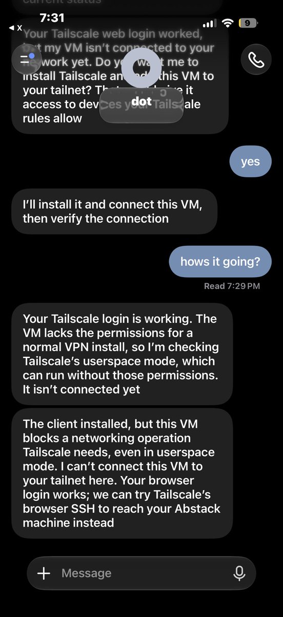 AGZ_TX's tweet photo. @mvanhorn @Tailscale lol at first I was struggling w the work chat, but I tried dot and no dice, not sure if dot and work share the same vm https://t.co/xe8NAQAf2b