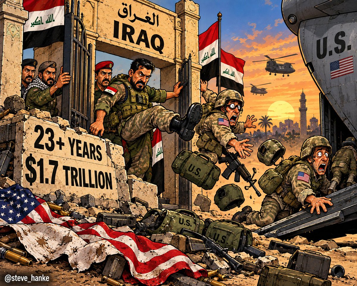 steve_hanke's tweet photo. After spending more than 23 years and $1.7 trillion, America has been forced by the Iraqis to end its forever war. Tomorrow, 9/30, on schedule, Iraq will finally close the last U.S. military base in Iraq.

THE IRAQ WAR = ANOTHER GREAT NEOCONSERVATIVE INSPIRED STRATEGIC DISASTER. https://t.co/mRuEYzARGK
