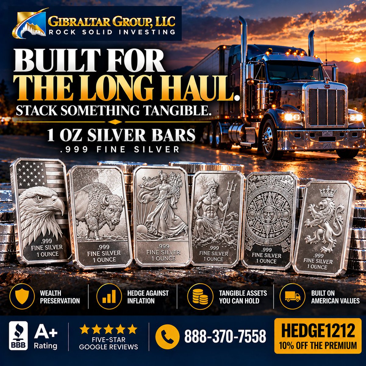 Gibraltar_Group's tweet photo. BUILT FOR THE LONG HAUL. STACK SOMETHING TANGIBLE. 🚛���
Shop our selection of 1 oz .999 fine silver bars.
🛒 https://t.co/D1WdMa0Wp4
🏷️ HEDGE1212 — 10% off the premium
📞 888-370-7558
#Silver #SilverBars #PhysicalSilver #SilverStacking #PreciousMetals #Bullion #Trucking https://t.co/c9jK7gTXKa