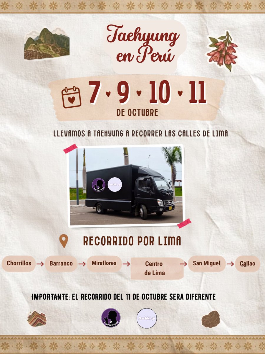VPeru_support's tweet photo. 🚚💜 5 ESTACIONES PARA V | ESTACIÓN 1: CAMIÓN LED

¡Empezamos a revelar todos los detalles de nuestras 5 Estaciones para V! 👀🇵🇪

Y comenzamos con nuestra Estación 1. Los días 7, 9, 10 y 11 de octubre, Taehyung recorrerá simbólicamente las calles de Lima a través de nuestro camión, con contenido especialmente preparado para celebrar su llegada al Perú. 🥹💜

📍 Chorrillos • Barranco • Miraflores • Centro de Lima • San Miguel • Callao
Les dejamos el recorrido detallado en las imágenes para que puedan saber por dónde pasará. Y si se encuentran con el camión… ¡queremos ver sus fotitos y videos! 📸💜 Etiquétennos para poder compartir este momento con ustedes.

Este proyecto fue realizado en colaboración con @/dashk_gi (Instagram) 🫶 Gracias por sumarse y ayudarnos a llevar todo este cariño por Taehyung a diferentes rincones de Lima.

Esta es solo la primera 👀.
 Muy pronto les contaremos todos los detalles de las demás estaciones. 🇵🇪💜

🚚 Servicio de publicidad móvil: Publica Outdoor

#TAETAE #TAEHYUNG #BTSV #V #Perú
