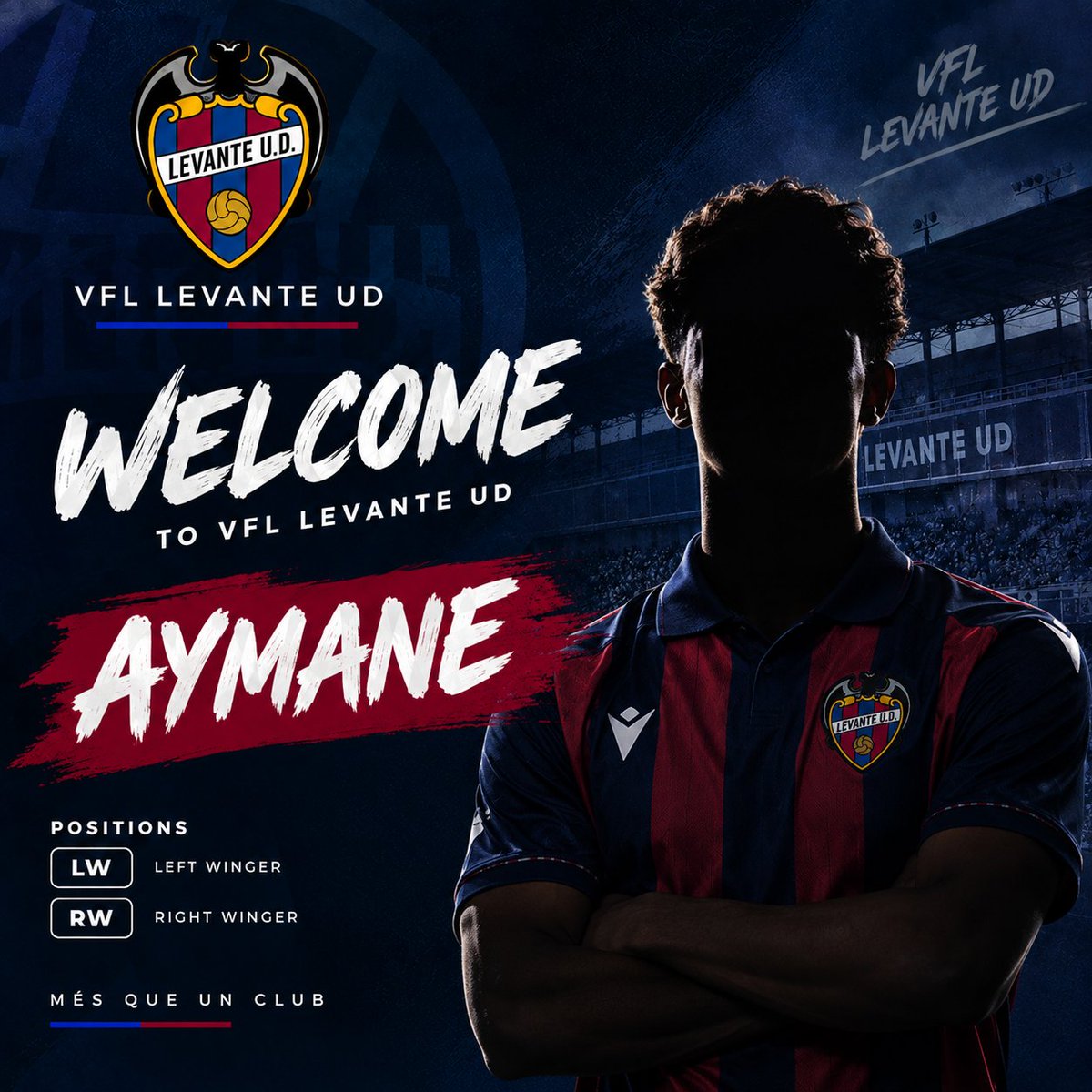 vfl_levanteud's tweet photo. 🔵🔴WELCOME TO VFL LEVANTE UD, AYMANE!

We’re pleased to announce the signing of @aymane___rs , joining the squad as a versatile LW / RW.

A creative, passing-oriented winger who brings vision and quality on the ball.

Welcome to VFL Levante UD, Aymane!
 Més que un club.🔵🔴 https://t.co/M1YFMD28t8