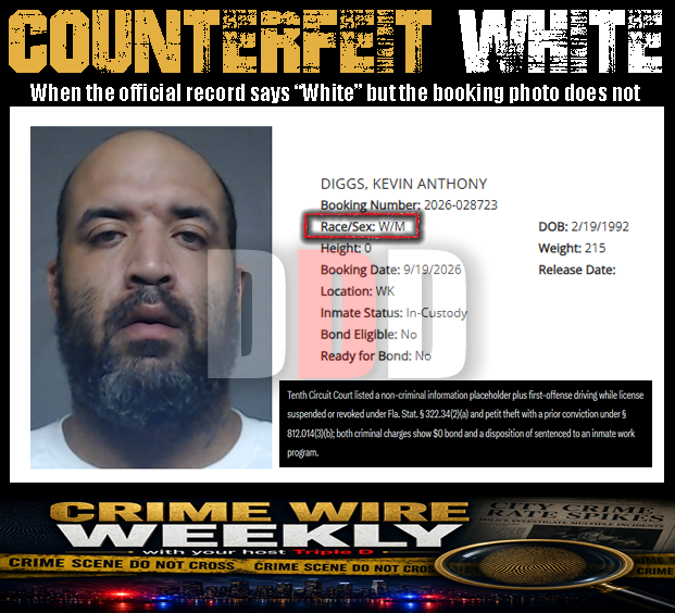 thetripledshow's tweet photo. COUNTERFEIT WHITE

DIGGS, KEVIN ANTHONY
Booking Number: 2026-028723
Race/Sex: W/M
DOB: 2/19/1992
Height: 0
Weight: 215
Booking Date: 9/19/2026
Location: WK
Inmate Status: In-Custody
Bond Eligible: No
Ready for Bond: No

Tenth Circuit Court listed a non-criminal information placeholder plus first-offense driving while license suspended or revoked under Fla. Stat. § 322.34(2)(a) and petit theft with a prior conviction under § 812.014(3)(b); both criminal charges show $0 bond and a disposition of sentenced to an inmate work program.