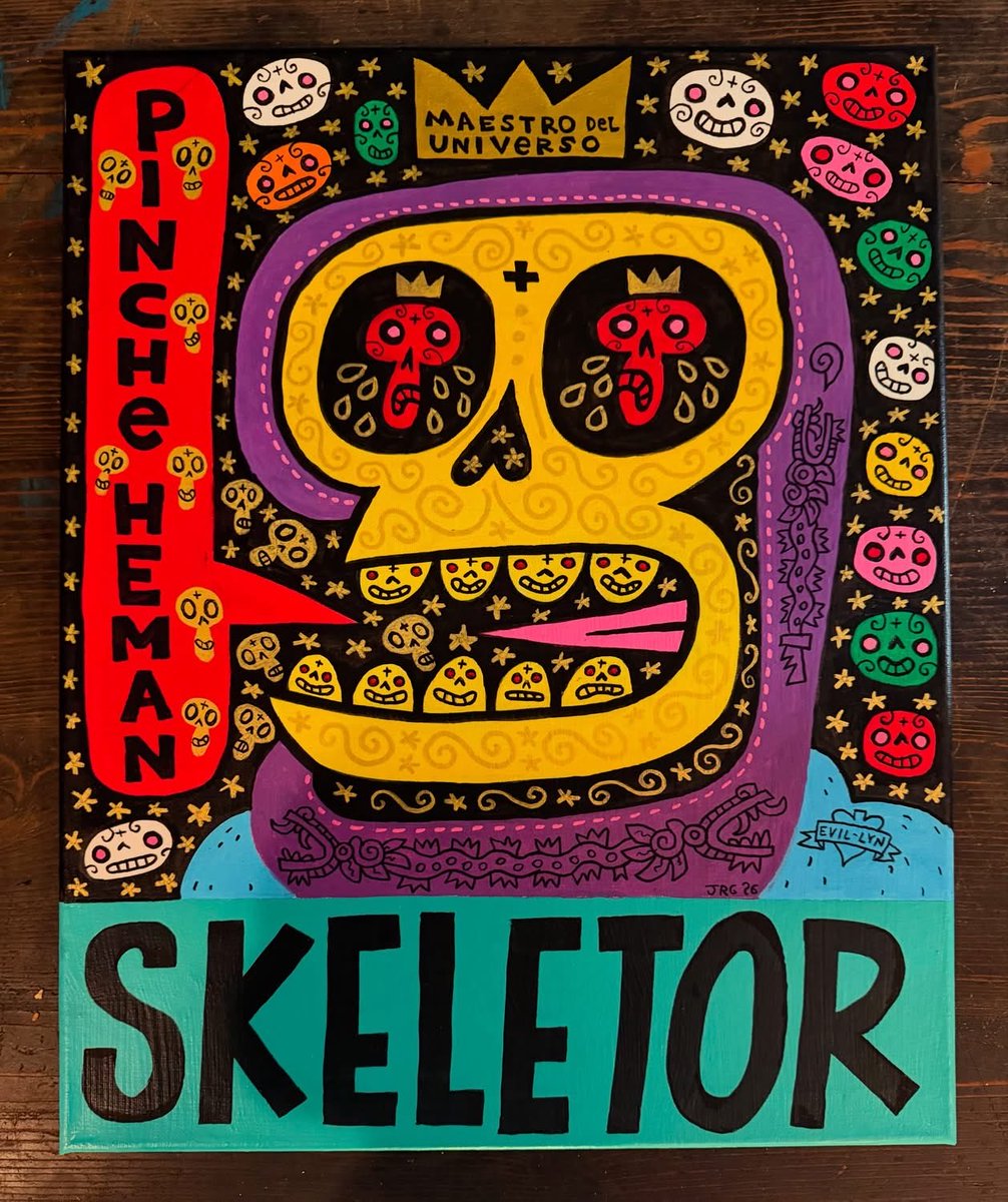 mexopolis's tweet photo. SKELETOR, 16x20 acrylic on canvas. 
One of the new paintings for MUERTITOS, a new Dia de los Muertos art show at Bluemoon Gallery in San Miguel de Allende, Mexico! https://t.co/WEz0uX17Mw