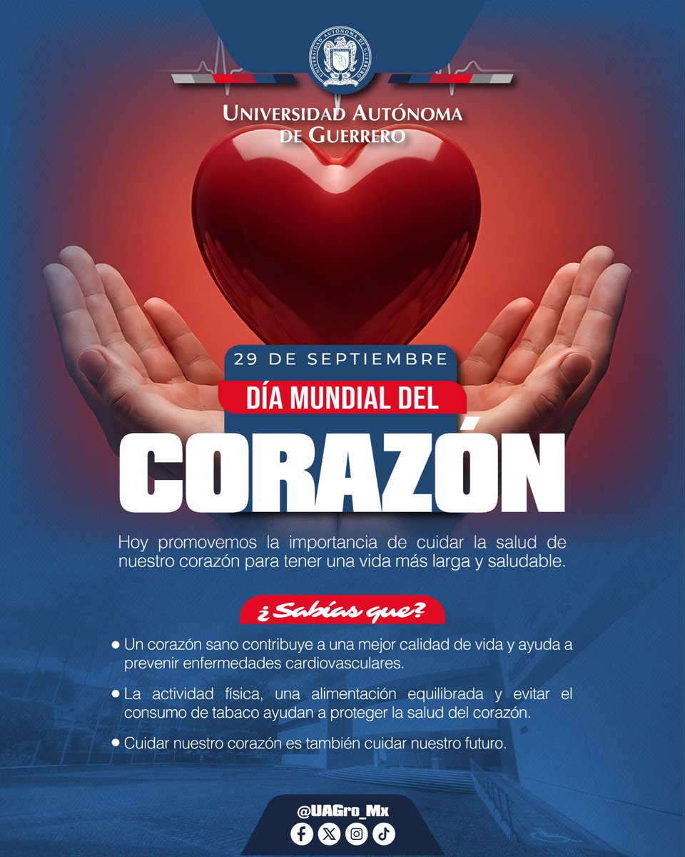 UAGro_MX's tweet photo. ¿Sabías que las enfermedades cardiovasculares son la principal causa de muerte en el mundo?

En el Día Mundial del Corazón, recordamos la importancia de cuidar nuestra salud cardiovascular con hábitos saludables y prevención. 🫀

#DíaMundialDelCorazón #Salud #Prevención #UAGro https://t.co/SCXn6NEKia