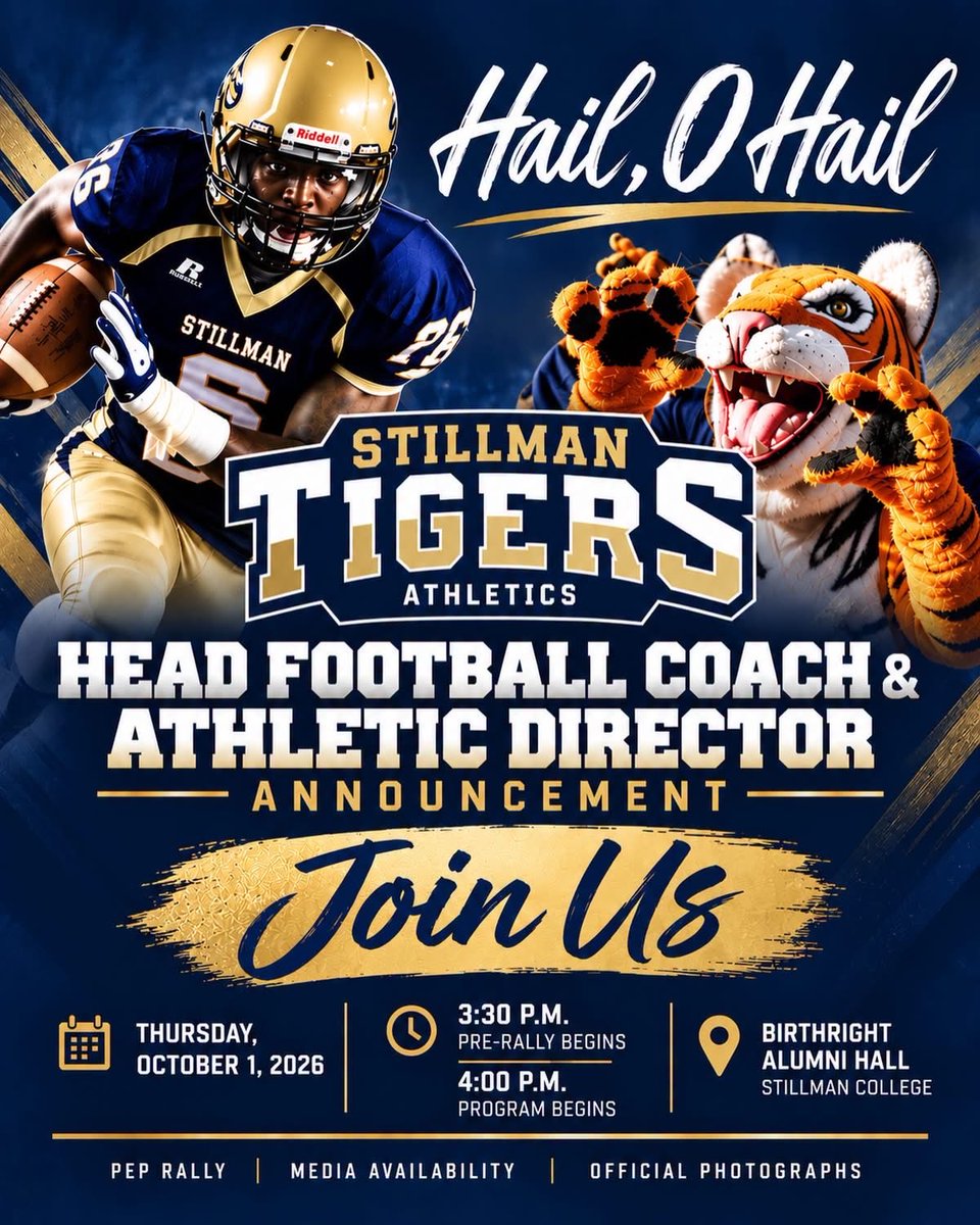 GoStillman's tweet photo. Calling out our Stillman Community! Join us Thursday, Oct. 1 as President Dr. Yolanda W. Page announces Stillman’s new Head Football Coach &amp; Director of Athletics.

Pep rally starts at 3:30 PM, official announcement at 4 PM in Birthright Alumni Hall. https://t.co/WbRi6Qu36h