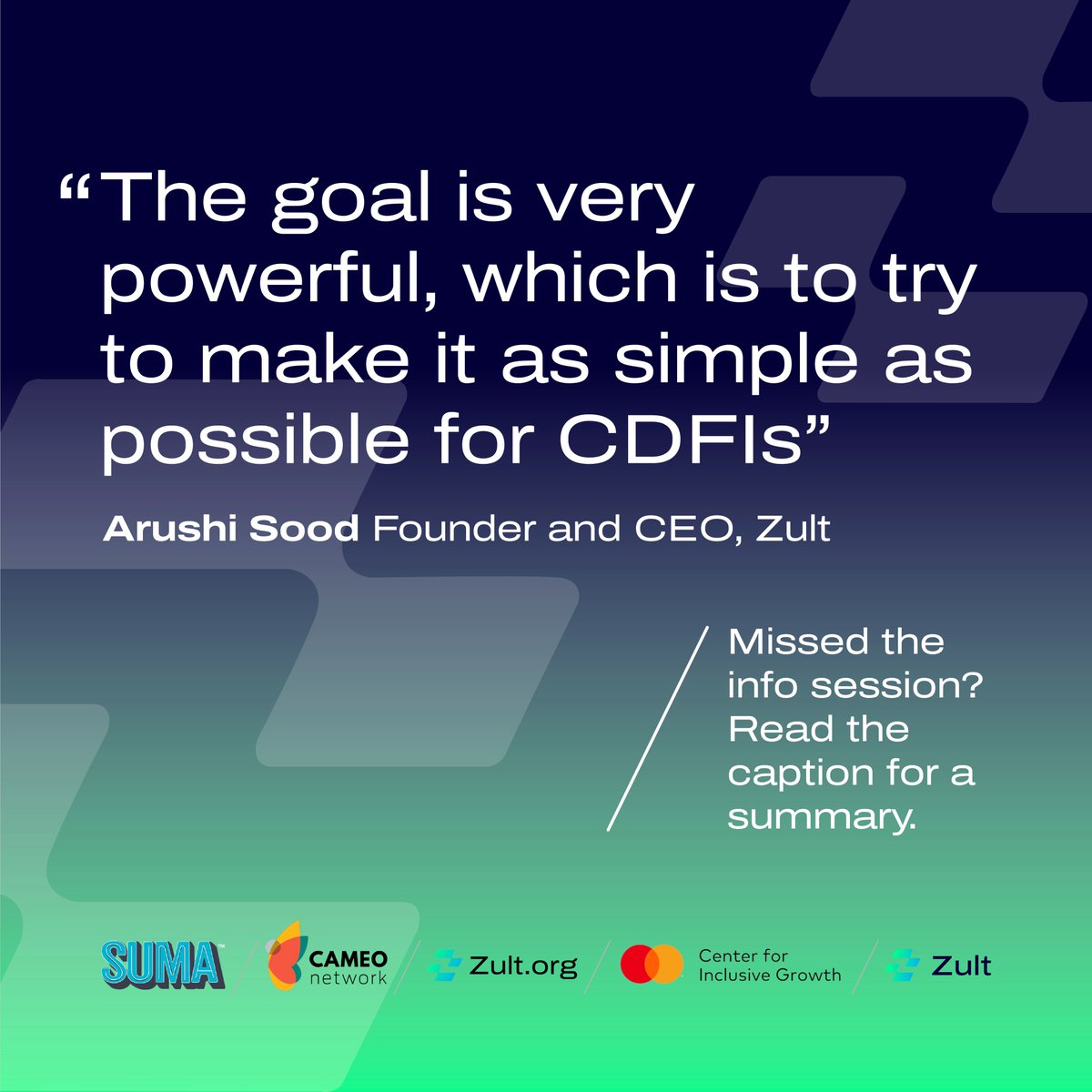 zult_io's tweet photo. Zult CEO and founder Arushi Sood at our CDFI Gateway Pilot info session. Want to see how the pilot works? Join us and ask us anything.

Thursday, October 1 | 11:30am PT / 2:30pm ET | Virtual | Free

Save your spot now: https://t.co/8GP4Cmhosn

#CDFI #PrivateCredit https://t.co/t8CEIjd4cn