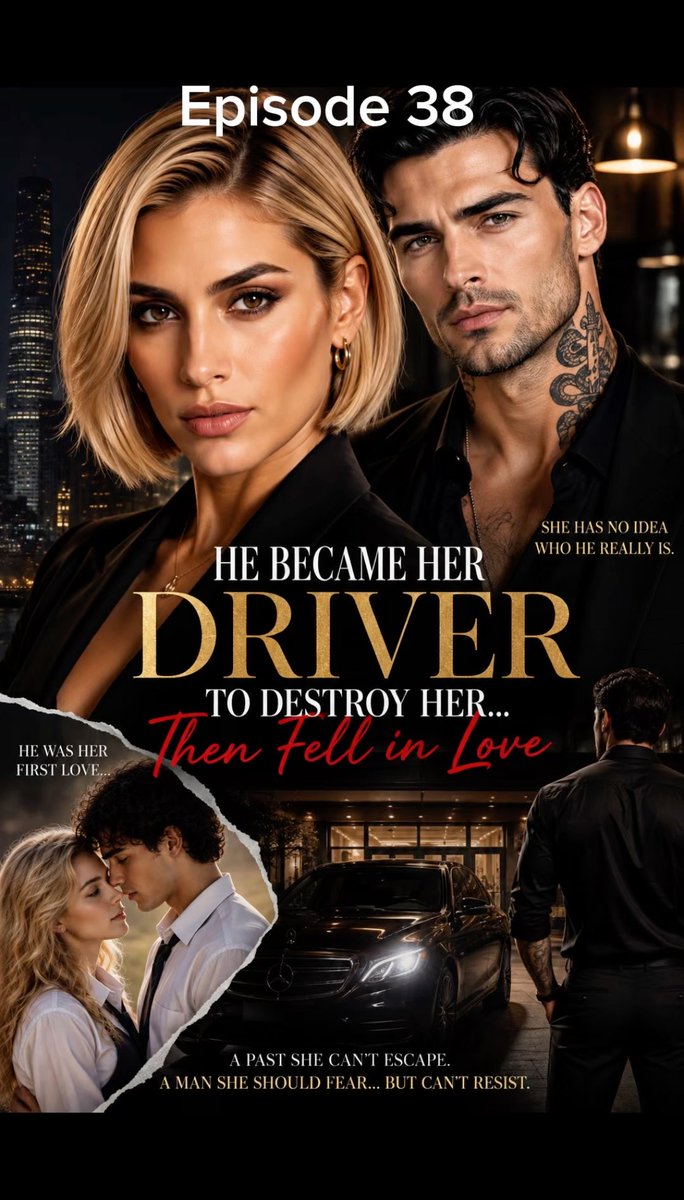 A dramatic movie or book cover titled "HE BECAME HER DRIVER TO DESTROY HER... Then Fell in Love", labeled as "Episode 38", featuring a blonde woman and a tattooed man in black clothing, with smaller inset images showing a couple in a past relationship and a man standing by a car.