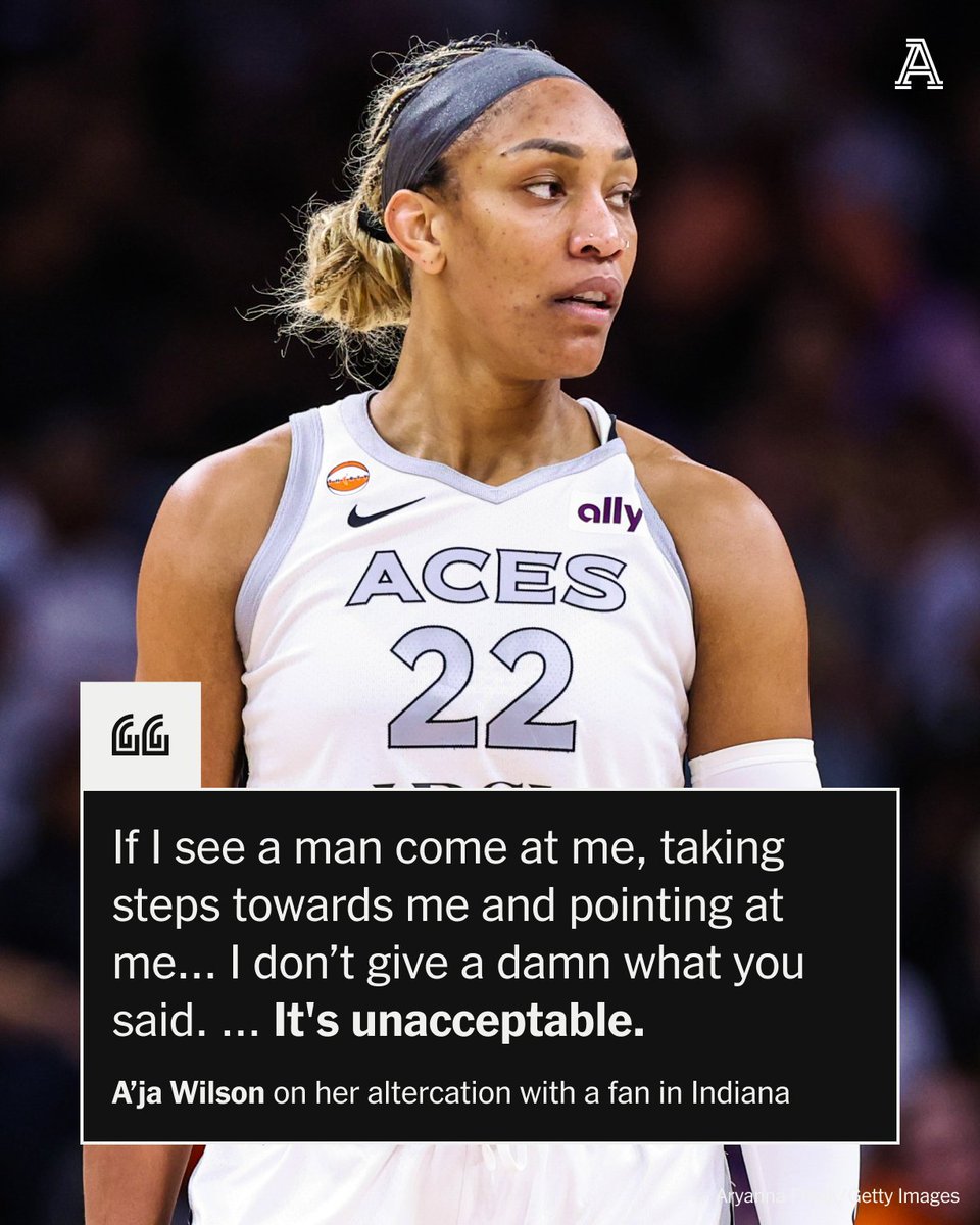 TheAthletic's tweet photo. With just over four minutes left in the fourth quarter of Game 2 in Indiana, A’ja Wilson got into a verbal confrontation with a courtside fan at Gainbridge Fieldhouse.

Here’s what she said after the game: https://t.co/K0BxUs43Rv