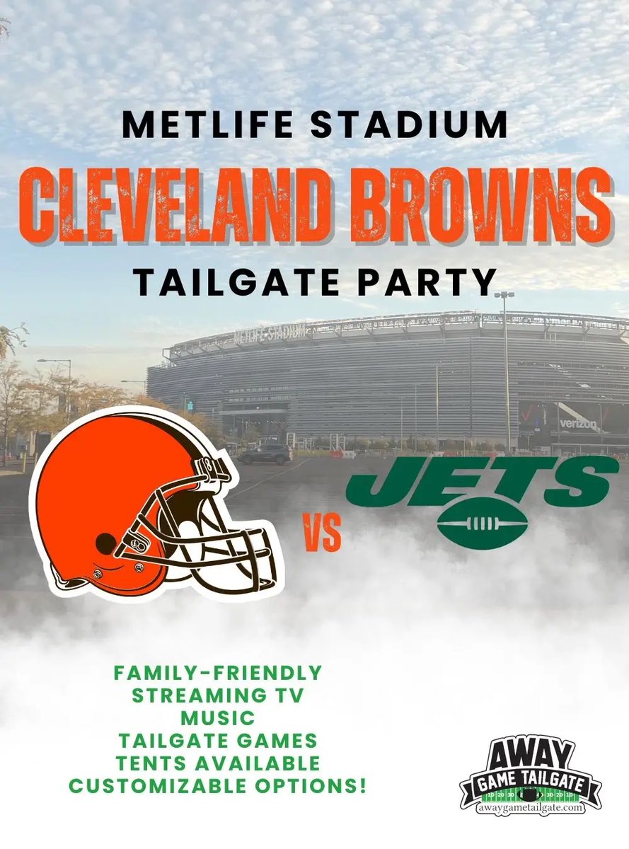AwayTailgate's tweet photo. The Cleveland Browns are coming to MetLife to play the Jets - and we have your tailgate BROWNS FANS! Sign up soon and get your tickets to your 3.5 hour all-you-can-eat tailgate. https://t.co/kC3RM2Ziv3  #clevelandbrowns #metlifestadium https://t.co/3DtPunWhqv
