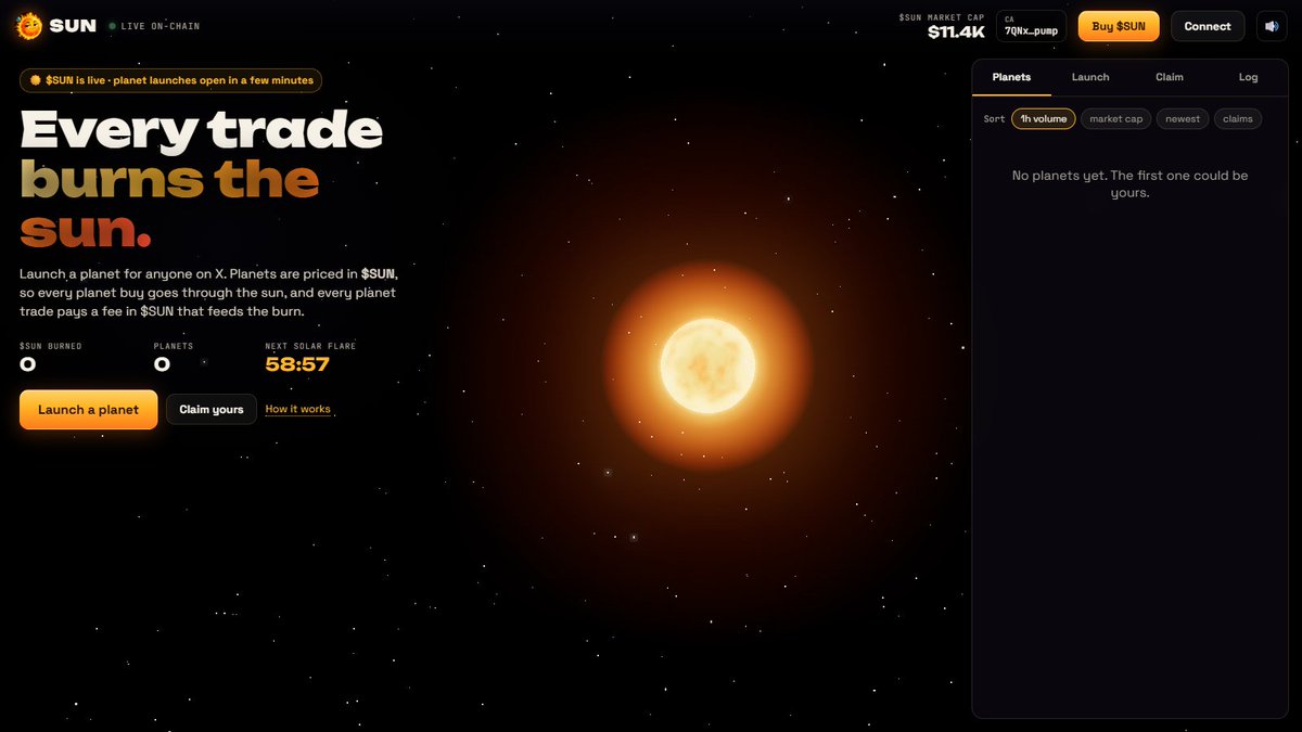 burnthesunfun's tweet photo. Every hour the solar flare buys the planet with the most volume, then burns what it bought.

Every fee claim, burn, payout and flare is public, with its transaction: https://t.co/Fgjr3RmeTn https://t.co/4w8L9rFeAb