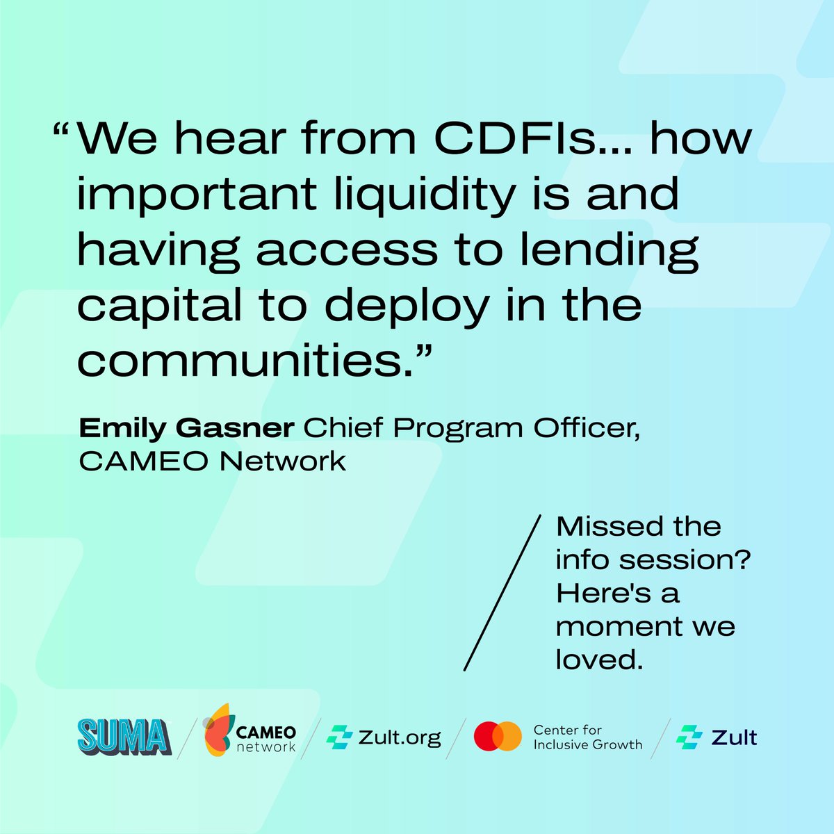 Zult_org's tweet photo. Emily Gasner from @CAMEOnetwork, at our CDFI Gateway Pilot info session. CDFIs and community lenders: want to see how the pilot works? Join us.

Thursday, October 1 | 11:30am PT / 2:30pm ET | Virtual | Free

Save your spot now: https://t.co/KzIuEdfrGr

#CDFI #CommunityLending https://t.co/FE6Az7OM8O