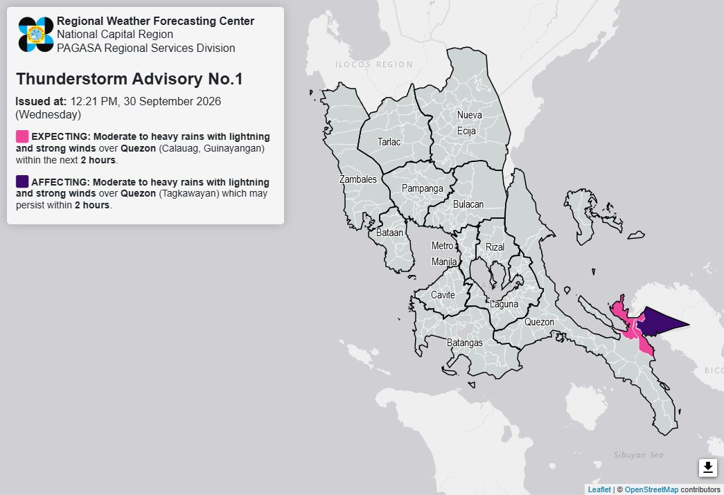 dost_pagasa's tweet photo. Thunderstorm Advisory No. 1 #NCR_PRSD
Issued at: 12:21 PM, 30 September 2026(Wednesday)

Moderate to heavy rainshowers with lightning and strong winds are expected over Quezon (Calauag and Guinayangan) within the next 2 hours.

The above condition is affecting Quezon (Tagkawayan) which may persist within 2 hours.

All are advised to take precautionary measures against the impacts associated with these hazards which include flash floods and landslides.

Keep monitoring for updates.