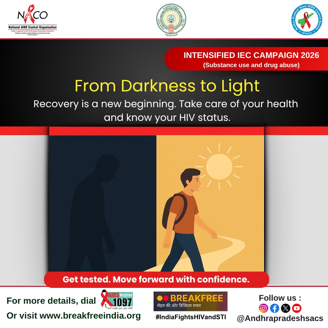 APSACS2020's tweet photo. 🌅 From Darkness to Light — Recovery is a New Beginning.
#IndiaFightsHIVandSTI #APSACS #FromDarknessToLight #Recovery #DrugUseAwareness #SubstanceUseAwareness #HIVTesting #KnowYourStatus #HIVAwareness #HIVPrevention #GetTested #SeekSupport #BreakFreeIndia https://t.co/LL9wVBeQqI