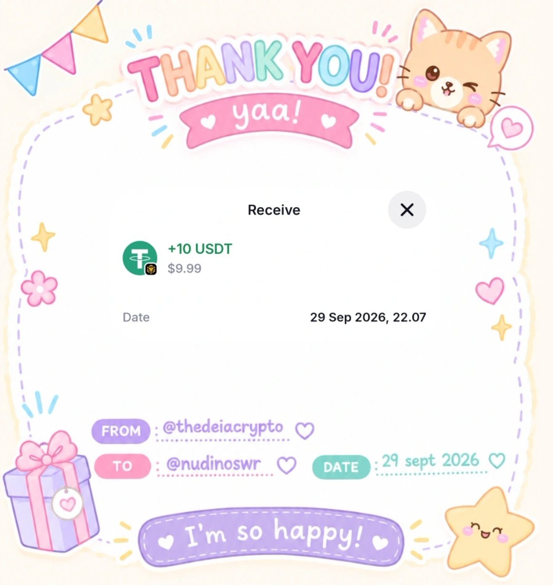 myanguc's tweet photo. I’ve received the prize! 🥳🤩 
A big thanks to @thedeiacrypto, sponsor @BeanCatArc_ , and admin for making this possible💖

May you be blessed with greater success, happiness, good health, and many more achievements ahead. 🥰✨

#deiawins https://t.co/cpS1HhDSNs