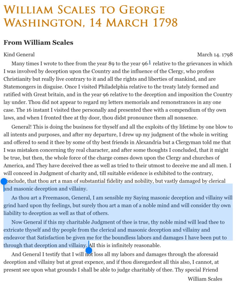 JakeE2200's tweet photo. George Washington was warned about how he was being deceptively used by the villainous Freemasons in 1798 &amp; William Scale pleaded with him to cleanse America of Freemasonry.

Washington never responded to Scale nor did he make Freemasonry illegal. https://t.co/LOy0IrVlmp