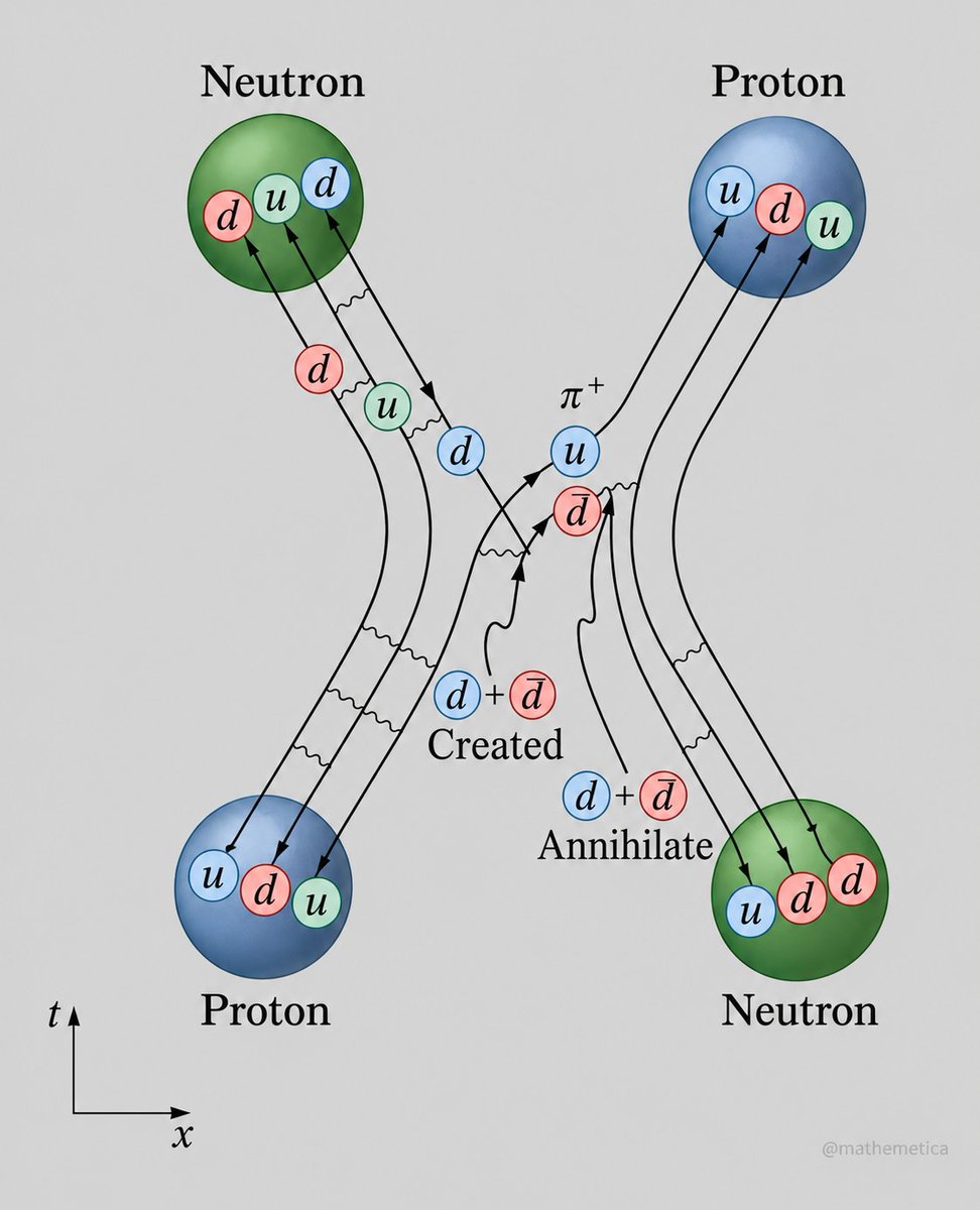 mathemetica's tweet photo. Matter doesn't just collide; it rewrites its own fundamental code.

In strong interactions, a proton (uud) and neutron (udd) swap identities. A proton spawns a d + d̅ pair, ejecting the d̅ with a u quark to emit a π⁺ meson, becoming a neutron.

The target neutron absorbs this π⁺. A d quark annihilates with the incoming d̅, absorbing the u quark to emerge as a proton.

Reality is bound by this elegant, endless exchange of existence.