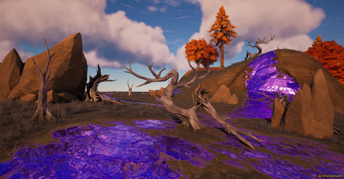 MrTheBozo_UEFN's tweet photo. Progress on the Halloween Landscape Material:

Dead grass &amp; Purple gold paint layers!
(Yes, the purple gold is paintable, it’s not a mask like the Ch6 Gold layer)

Added Pumpkin Foliage to the grass layer

-Remade the rock material
-Changed the road material
-Ported dead trees https://t.co/FbNhx5JtNQ