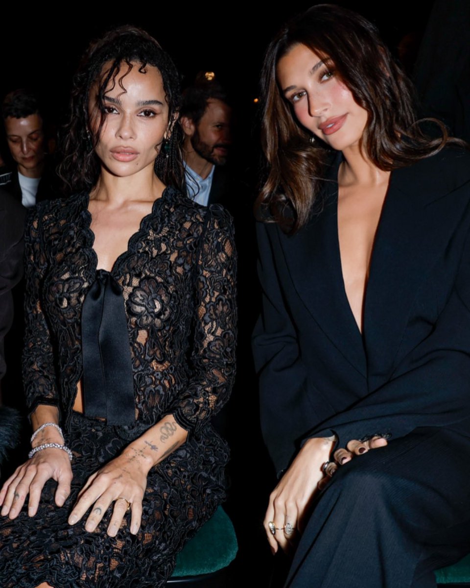 deuxmoiworld's tweet photo. Zoë Kravitz, Hailey Bieber, Adèle Exarchopoulos, Belmont Cameli, Rami Malek, Rosé and Post Malone at the Saint Laurent Spring/Summer 2027 show at Paris Fashion Week 📸@GettyImages https://t.co/l8II0eNznt