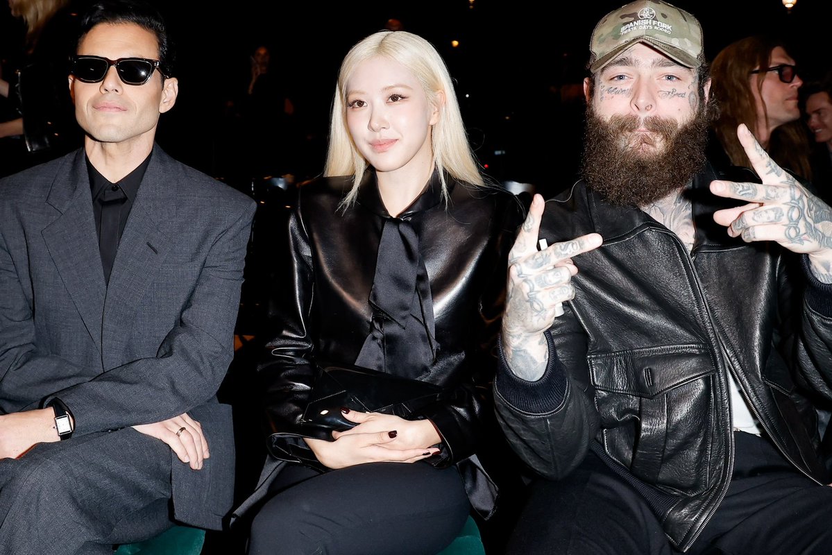 deuxmoiworld's tweet photo. Zoë Kravitz, Hailey Bieber, Adèle Exarchopoulos, Belmont Cameli, Rami Malek, Rosé and Post Malone at the Saint Laurent Spring/Summer 2027 show at Paris Fashion Week 📸@GettyImages https://t.co/l8II0eNznt