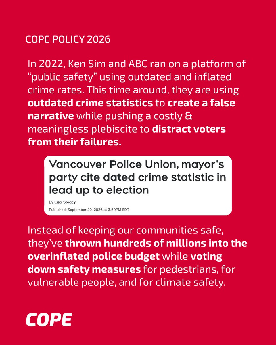 COPEVancouver's tweet photo. There is more to keeping people safe than skyrocketing police budgets. 

Ken Sim and ABC voted down safety measures for pedestrians, for vulnerable people, and for climate safety.

COPE will fight for a Vancouver that is safe for everyone. https://t.co/vo7aEvd2yR