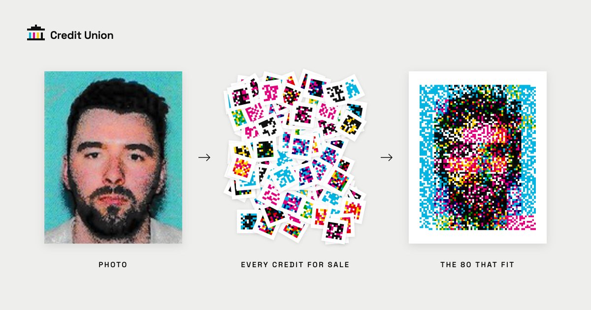 taylor_'s tweet photo. every @jackbutcher credit is 64 squares of cmyk

and with 120k to choose from, I realized that if you assemble 80 perfectly chosen credits, you can draw anything

so I built a feature on https://t.co/wW17twswJ0 to let you create Credit Unions that look like photos https://t.co/blIqXPColS