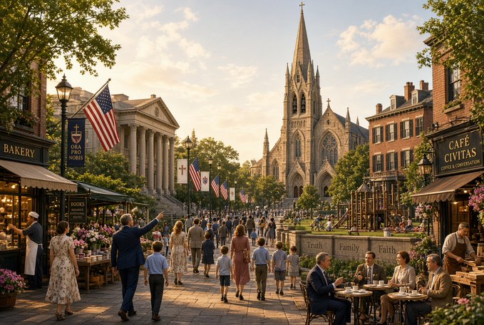 An idyllic town square scene featuring a Gothic cathedral and classical building adorned with American flags, surrounded by people walking among cafes labeled 'BAKERY' and 'CAFÉ CIVITAS' with words 'Truth, Family, Faith' inscribed.