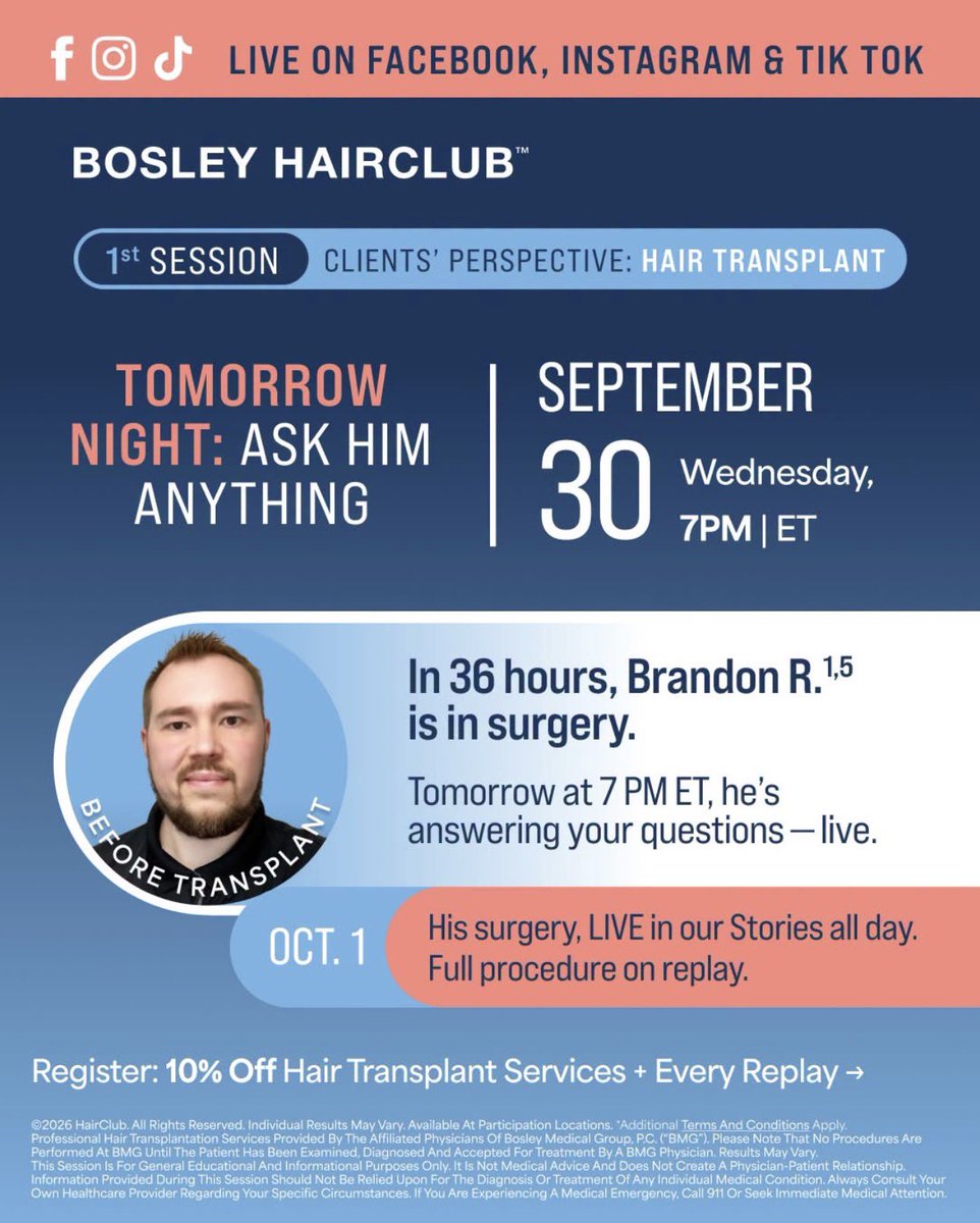 CompetitiveMktg's tweet photo. 🚨 Join Brandon and Dr. Krenitsky LIVE on HairClub's Facebook, Instagram &amp; TikTok as they discuss the night before his procedure. 

Get 10% OFF hair transplant services + replay ➡️ https://t.co/4bFerEo0TT

---
*Procedure must be scheduled by 10/31/26 to qualify. T&amp;Cs apply. https://t.co/K27jyOfuUi