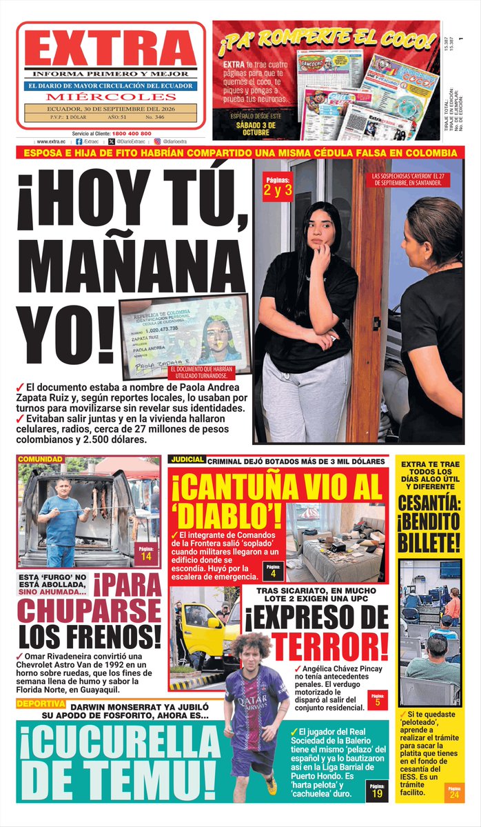 DiarioExtraEc's tweet photo. 🌛 ¡Buenas noches! Ya está lista la #PortadaEXTRA de mañana, miércoles 30 de septiembre de 2026. No olvides ir por tu ejemplar y mira en https://t.co/B6atVw0QGI las noticias 'más pepas' del día. https://t.co/OlQW9KXrof