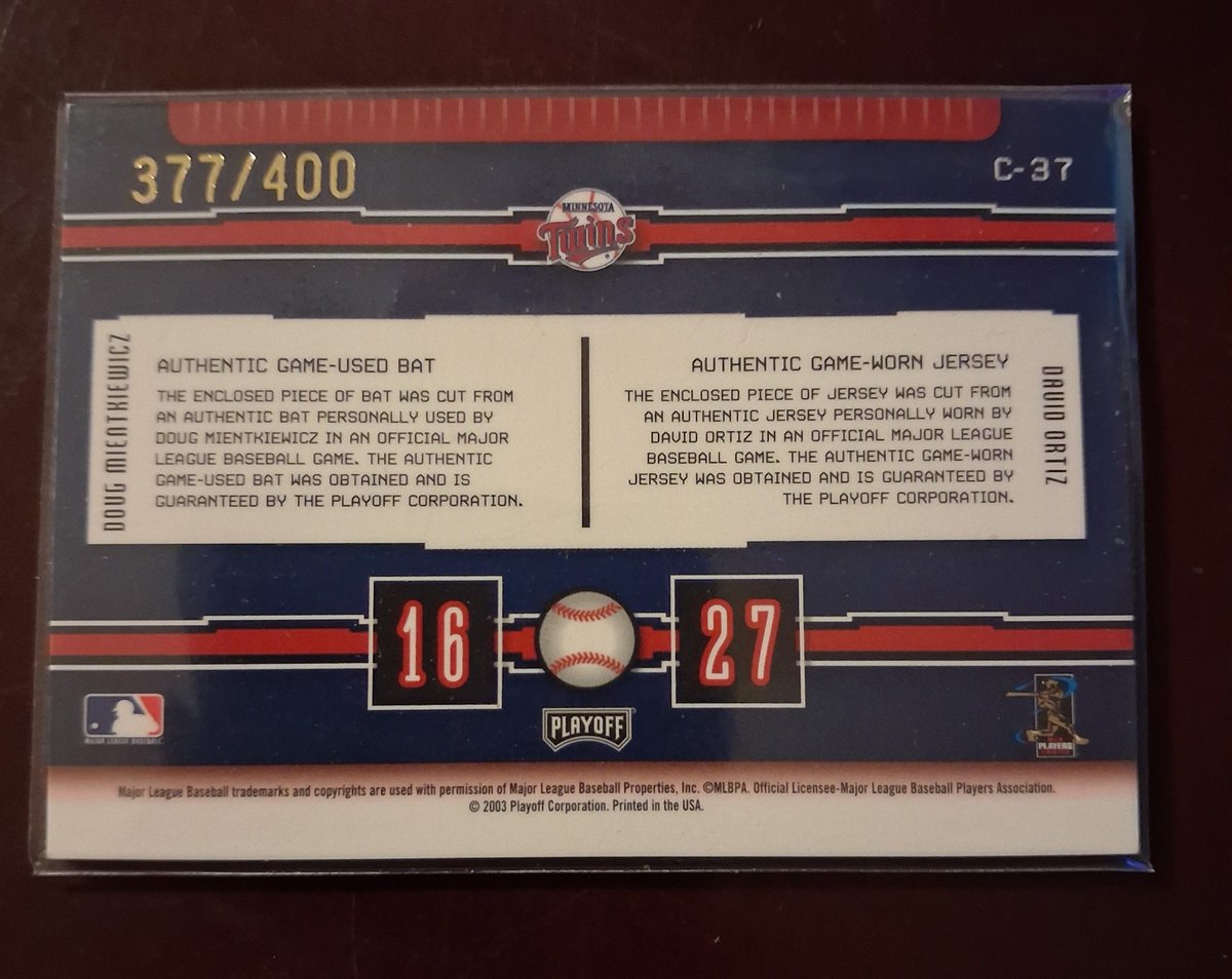 CPFJAYpt2's tweet photo. #RandomCardILove
2003 Playoff Prestige - Connections Materials #37 Doug Mientkiewicz / David Ortiz (377/400)
Because 23 years I have had this card.
Because pack pulled beauty
Because relics rule
Because serial numbered rules
Because I love this card https://t.co/xfHFwMKNbQ