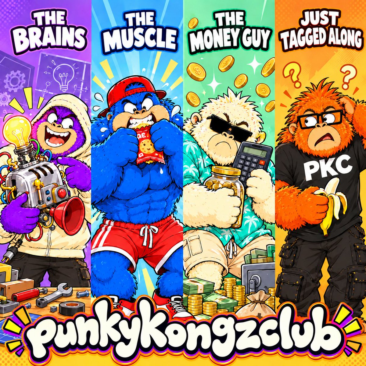 PKC_100's tweet photo. Meet the PKC Guild. 🦍

🟣 The brains. Builds it. Breaks it.
🔵 The muscle. Lifts everything. Understands nothing.
⚪ The money guy. Counts every penny.
🟠 Just tagged along. Thought lunch was free.

One guild. Zero adult supervision.

Welcome to PunkyKongzClub. 🍌

#PKC #PunkyKongzClub #Kongz #punkvism