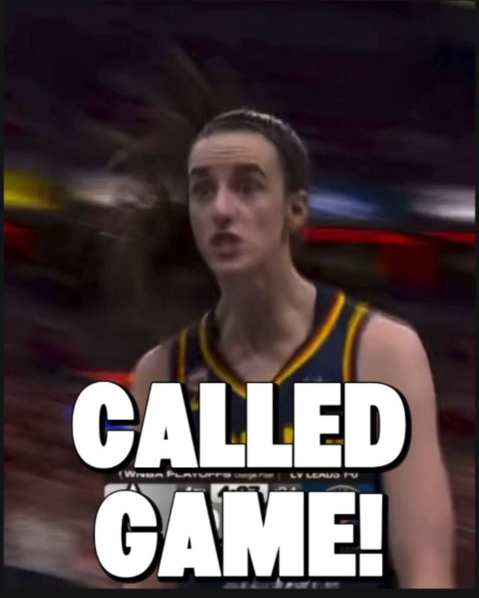 The image is a meme featuring basketball player Caitlin Clark in an Indiana Fever jersey with an intense expression, overlaid with the bold text "CALLED GAME!" — a phrase used to signal a game-ending, decisive play. The meme's caption celebrates Clark hitting a clutch 3-pointer over A'ja Wilson of the Las Vegas Aces, referencing the WNBA Playoffs context shown in the broadcast graphic.