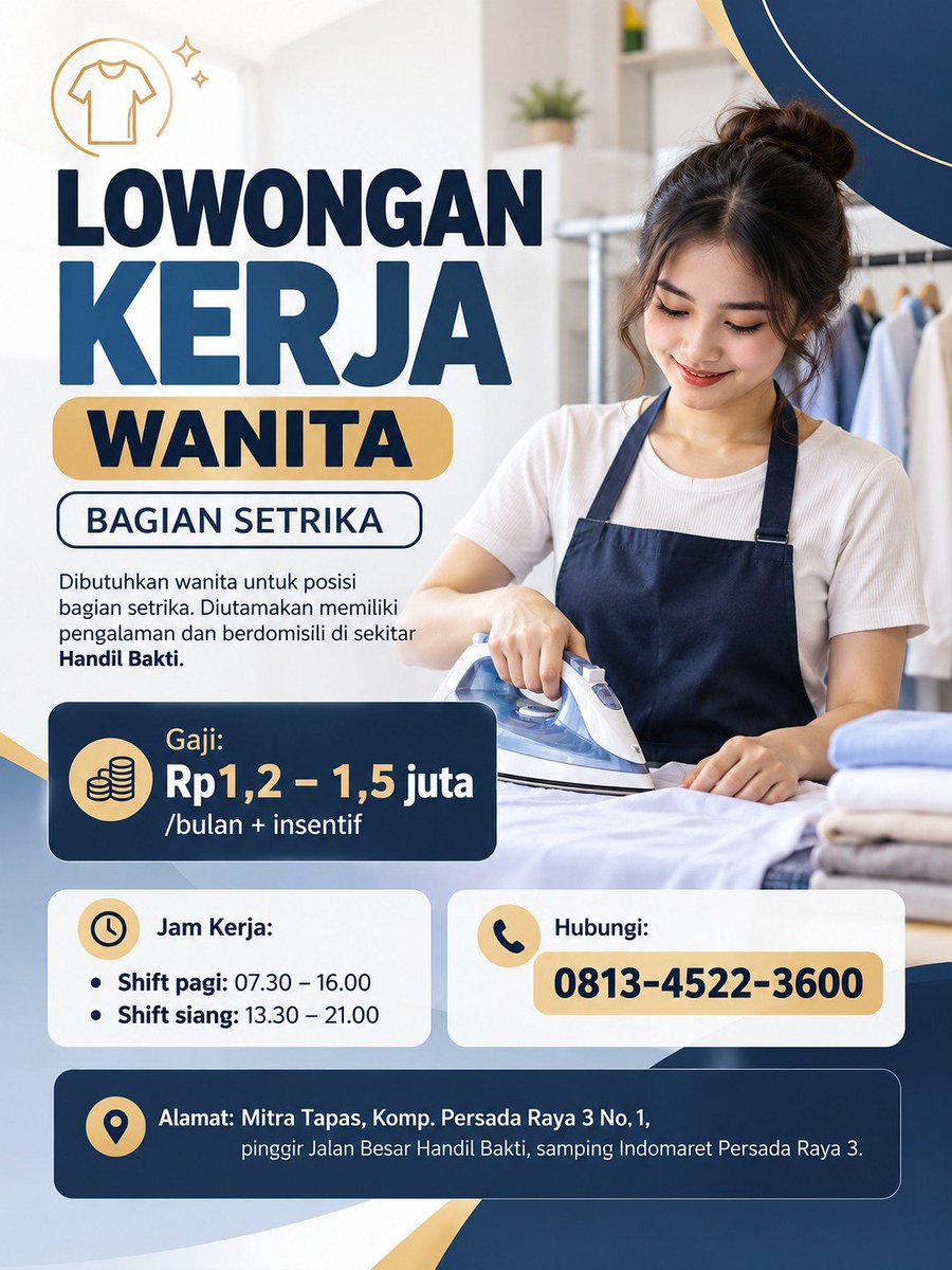 Infolokerkalsel's tweet photo. LOWONGAN KERJA – BAGIAN SETRIKA

Dibutuhkan wanita untuk posisi bagian setrika. Diutamakan berpengalaman dan berdomisili sekitar Handil Bakti.

💰 Rp1,2–1,5 juta/bulan + insentif
📲 0813-4522-3600
📍 Mitra Tapas, Komp. Persada Raya 3 No. 1, Handil Bakti https://t.co/UJ5YrD5tOo