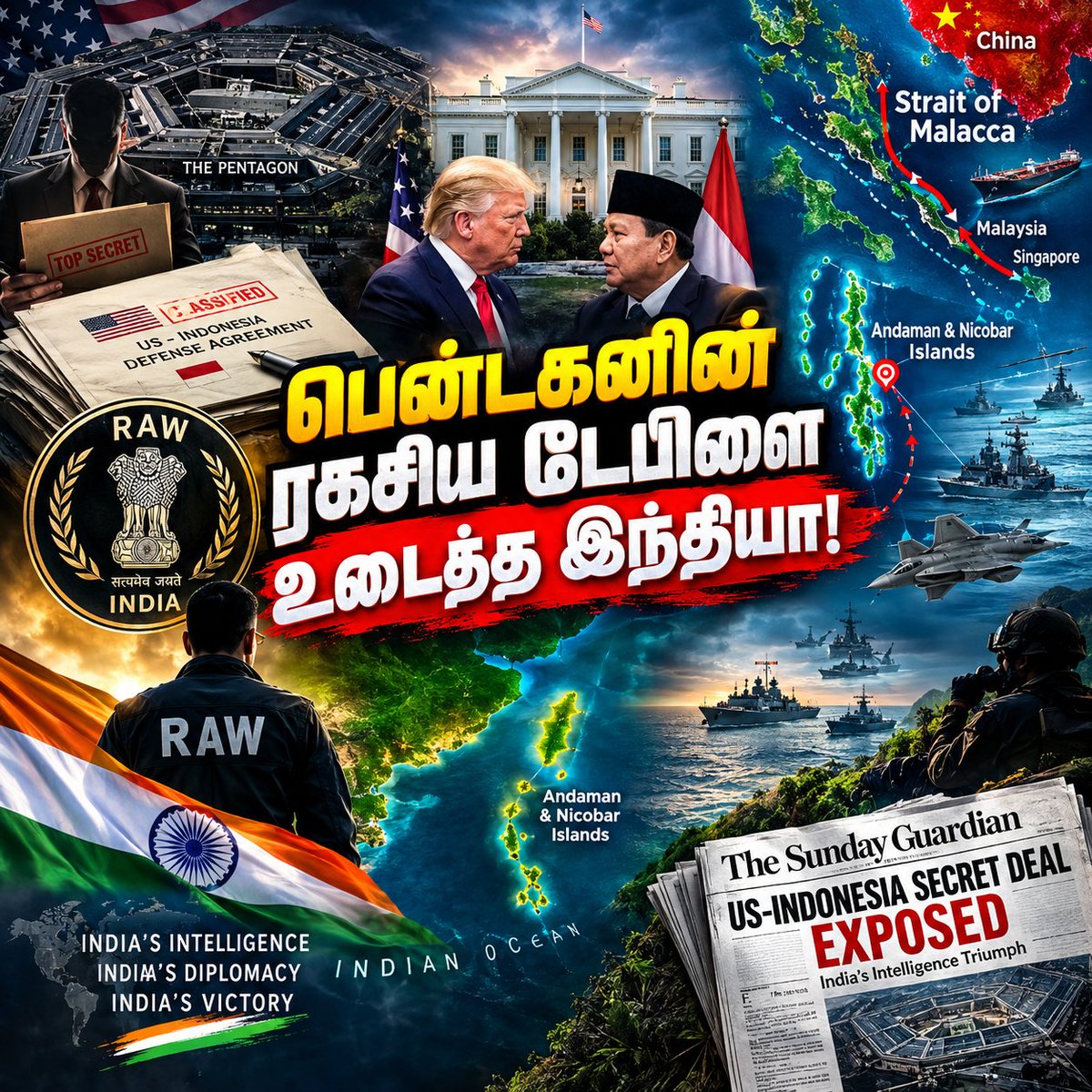 eraganeshkumar's tweet photo. "அமெரிக்காவுக்கே தண்ணி காட்டிய பாரதம்!" - மலாக்கா ஜலசந்தியைப் பிடிக்க பென்டகன் போட்ட சீக்ரெட் பிளான்! ஒரே போடாகப் போட்டு முறித்த இந்தியா! 🇮🇳🕵️‍♂️🇺🇸

உலக அரசியல்ல அமெரிக்கா எப்பவுமே தன்னைத்தானே 'உலக போலீஸ்காரன்'னு நினைச்சுக்கும். யாருக்கும் தெரியாம ரகசியமா ஒரு ராஜதந்திரக் காயை நகர்த்தி உலகத்தையே தங்கள் கைக்குள் கொண்டுவந்துடலாம்னு அவங்க போடுற திட்டங்களை, அவங்களுக்கே தெரியாம அம்பலப்படுத்தி முறியடிக்கும் திறமை உலகத்துல ஒரு சில நாடுகளுக்குத்தான் உண்டு. அதுல நம்ம இந்தியா அமெரிக்காவுக்கே டிமிக்கி கொடுத்த ஒரு திகிலான திரில்லர் சம்பவம் இப்போ உலக அரங்கில் பேசப்பட்டு வருகிறது!

சம்பவம் என்ன? பென்டகனில் தயாரான நரித்தந்திர டீல்! 

அமெரிக்க அதிபர் டொனால்ட் ட்ரம்பும், இந்தோனேசிய அதிபர் பிரபோவோ சுபியாந்தோவும் சந்தித்து ஒரு மூலோபாயப் பாதுகாப்பு ஒப்பந்தத்திற்கு ஒப்புக்கொண்டனர். இரு நாட்டு வெளியுறவு அமைச்சர்களும் அமெரிக்கப் பாதுகாப்புத் தலைமையகமான பென்டகனில் (Pentagon) வைத்து இந்த வரலாற்று ஒப்பந்தத்தில் கையெழுத்திட எல்லாம் தயாராக இருந்தது.

ஆனால், அந்த ஒப்பந்தத்தில் அமெரிக்கா மிகச் சாதுரியமாக ஒரு நரித்தந்திரமான நிபந்தனையை (Loophole) ஒளித்து வைத்திருந்தது:

* பொதுவாக ஒரு நாட்டின் வான்வெளி (Airspace) என்பது அவர்களின் முழுமையான இறையாண்மைக்கு உட்பட்டது.

* ஆனால், இந்த ஒப்பந்தத்தின்படி அமெரிக்க போர் விமானங்கள் இந்தோனேசியாவின் வான்வெளியை எப்போது வேண்டுமானாலும், நினைத்தபடி ராணுவக் கண்காணிப்பிற்குப் பயன்படுத்தலாம்.

* அதற்கு இந்தோனேசியாவிடம் அனுமதி கேட்கத் தேவையில்லை; "நாங்கள் உங்கள் வான்வெளியைப் பயன்படுத்துகிறோம்" என்று பென்டகனிலிருந்து ஒரு தகவலை மட்டும் அனுப்பிவிட்டால் போதும் என்ற நிலை! இந்தோனேசிய அரசு இதை முழுமையாக உணராமல் கையெழுத்திடப் போனது.

அமெரிக்காவின் அசல் டார்கெட் என்ன?

மலாக்கா ஜலசந்தி (Strait of Malacca)! மத்திய கிழக்கில் ஈரான் ஹார்முஸ் ஜலசந்தியை முடக்கியபோது உலகமே எண்ணெய்க்காக எப்படித் தவித்தது என்பது நமக்குத் தெரியும். அதேபோல், ஆசியாவின் உயிர்நாடியான மலாக்கா ஜலசந்தியைத் தனது வான்படை மூலம் முழுமையாகக் கட்டுப்பாட்டிற்குள் கொண்டுவருவதே அமெரிக்காவின் பிளான். சீனாவின் 80% எண்ணெய் வர்த்தகம் இந்த மலாக்கா வழியாகத்தான் நடக்கிறது; இதைத் தனது கட்டுப்பாட்டில் வைத்தால் சீனாவைப் பொருளாதார ரீதியாக எப்போது வேண்டுமானாலும் மிரட்டலாம்.

ஆனால், இதில் மிகப்பெரிய ஆபத்து யாருக்கு? இந்தியாவிற்குத்தான்! இந்த மலாக்கா ஜலசந்தி அமைந்திருப்பது இந்தியாவின் மிக முக்கியமான ராணுவக் கோட்டையான அந்தமான் மற்றும் நிக்கோபார் தீவுகளுக்கு மிக மிக அருகில்!

ட்விஸ்ட்: இந்தியன் மீடியாவில் வெடித்த பிரம்மாஸ்திரம்! 💥

யாருக்கும் தெரியாமல் பென்டகன் பூட்டி வைத்திருந்த இந்த அதிரடி ரகசிய ஒப்பந்தம் கையெழுத்தாவதற்கு முந்தைய நாள், இந்தியப் பத்திரிகையான 'தி சண்டே கார்டியன்' (The Sunday Guardian) அந்த ஒப்பந்தத்தின் முழு விவரங்களையும் அக்குவேறு ஆணிவேறாக ஆதாரங்களுடன் வெளியிட்டது!

செய்தியைப் பார்த்த பென்டகன் மற்றும் வாஷிங்டன் மொத்தமாக ஆடிப்போனது! "நாங்கள் இரு நாட்டு அதிபர்கள் மட்டத்தில் இவ்வளவு பரம ரகசியமாக வைத்திருந்த ஆவணம் இந்தியாவுக்கு எப்படிக் கசிந்தது?" என்று அமெரிக்காவிற்குத் தலையே சுற்றியது.

இந்த செய்தி காட்டுத்தீயாகப் பரவியதும், இந்தோனேசியாவில் உள்ள அரசியல் தலைவர்களும் மக்களும் கொதித்தெழுந்து, "எங்கள் நாட்டு வான்வெளியையும் இறையாண்மையையும் அமெரிக்காவிற்குத் தாரை வார்க்க விடமாட்டோம்" என்று வீதியில் இறங்கிப் போராடத் தொடங்கினர். மக்களின் கொந்தளிப்பைப் பார்த்த இந்தோனேசிய அரசு வேறு வழியின்றி அந்த ஒப்பந்தத்திலிருந்தே அவசர அவசரமாகப் பின்வாங்கியது!

சர்வதேச அரசியல் விரிவான பார்வை:

இது சர்வதேச அரங்கில் இந்தியாவின் 'உளவுத்துறை மற்றும் ராஜதந்திரத்தின்' (Intelligence & Diplomacy) மாபெரும் மாஸ்டர் ஸ்ட்ரோக்!

1. அந்தமானைக் குறிவைத்த அமெரிக்காவிற்கு செக்: அந்தமான் மற்றும் நிக்கோபார் தீவுகளில் இந்தியா உருவாக்கி வைத்துள்ள 'வைர மாலை' (Necklace of Diamonds) போன்ற பிரம்மாண்டமான முப்படைத் தளங்களை, இந்தோனேசிய வான்வெளியில் நின்றுகொண்டு அமெரிக்கா எளிதாக உளவு பார்க்க முடியும். நமது கொல்லைப்புறத்திலேயே வந்து அமெரிக்கா உட்கார்ந்து கொண்டு உளவு பார்ப்பதை இந்தியா எப்படி அனுமதிக்கும்?

2. இந்திய உளவுத்துறையின் (RAW) பலம்: இந்திய அரசின் உயர்மட்ட அனுமதி இல்லாமலோ, உளவுத்துறையின் வழிகாட்டல் இல்லாமலோ பென்டகனின் இவ்வளவு உயர்ரகசியத் தகவல் ஒரு இந்தியப் பத்திரிகைக்கு எப்படிக் கிடைத்திருக்கும்? அமெரிக்கா உலகத்துக்கே உளவு பார்க்கிறது என்றால், இந்தியா அமெரிக்காவின் ரகசிய மேசையையே தகர்த்துப் பார்க்கும் அளவிற்குத் தனது கரங்களை நீட்டியுள்ளது என்பதற்கு இதுவே சாட்சி!

3. இந்தியப் பெருங்கடல் இந்தியாவின் ஏரி (India's Backyard): இந்தியப் பெருங்கடலில் சீனாவாக இருந்தாலும் சரி, அமெரிக்காவாக இருந்தாலும் சரி... இந்தியாவின் இறையாண்மைக்கும் பாதுகாப்பிற்கும் குந்தகம் விளைவிக்கும் எந்தவொரு ஆதிக்கத்தையும் பாரதம் அனுமதிக்காது என்பதை இந்த அதிரடி நகர்வு அப்பட்டமாக நிரூபித்துள்ளது!

உங்களுடைய கருத்து என்ன?

அமெரிக்காவின் இந்த அதிரடி ரகசியத் திட்டத்தை முன்கூட்டியே மோப்பம் பிடித்து, சர்வதேச அளவில் அம்பலப்படுத்தி ஒப்பந்தத்தையே முடக்கிய இந்தியாவின் இந்த மாஸான உளவுத்துறை நகர்வை நீங்கள் எப்படிப் பார்க்கிறீர்கள்? கமெண்ட்டில் தட்டி விடுங்க! 👇

நமது பாரதத்தின் இந்த வரலாற்றுச் சிறப்புமிக்க ராஜதந்திர வெற்றியை உடனே உங்க நண்பர்களுக்கும் வாட்ஸ்அப் குரூப்களுக்கும் SHARE பண்ணுங்க! 

#IndiaDiplomacy #RAW #PentagonExposed #MalaccaStrait #AndamanAndNicobar #IndianOcean #USIndonesiaDeal #SundayGuardian #NationalSecurity #GeopoliticsTamil #TamilNews #CurrentAffairsTamil #WorldPoliticsTamil #TrendingTamil #TamilInstagram #ViralNewsTamil #PrideOfIndia