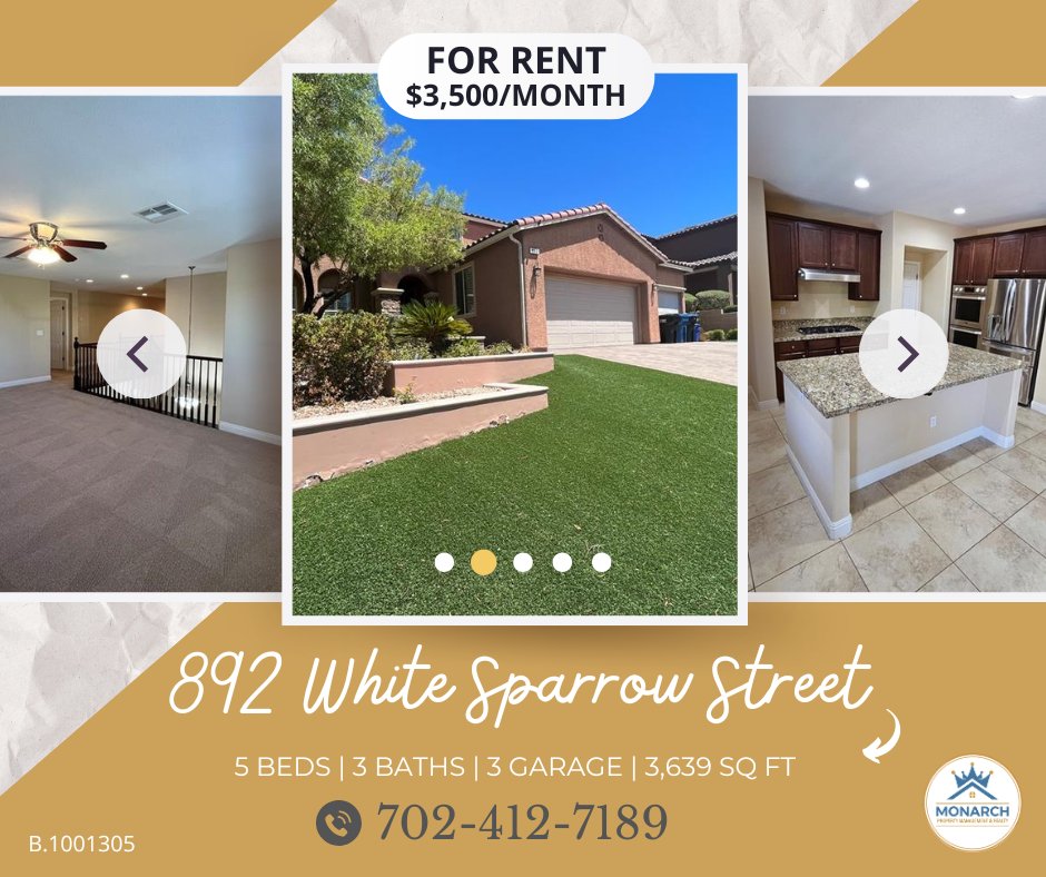 mgm_monarch's tweet photo. 🏡✨ SPACE, STYLE &amp; A BACKYARD OASIS!

📍 892 White Sparrow St.
🛏️ 5 BD | 🛁 3 BA | 📐 3,639 Sq. Ft.
🚗 3-Car Garage | 🛋️ Loft
🏊 Pool + Waterfall | 🔥 Built-in BBQ
💰 $3,500/mo

📞 702-412-7189

#LasVegasRentals #PoolHome #ForRent #MonarchPM https://t.co/NNRgkyFCR1