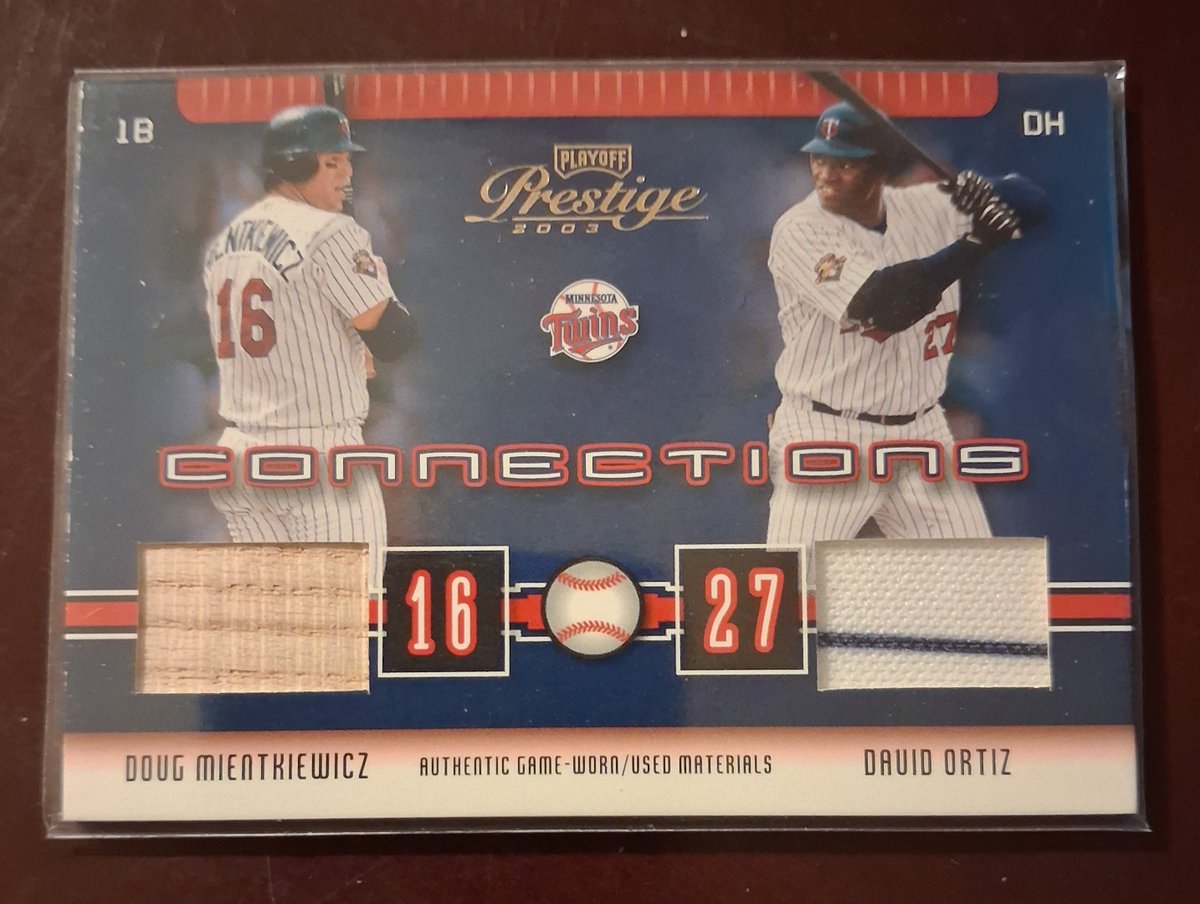 CPFJAYpt2's tweet photo. #RandomCardILove
2003 Playoff Prestige - Connections Materials #37 Doug Mientkiewicz / David Ortiz (377/400)
Because 23 years I have had this card.
Because pack pulled beauty
Because relics rule
Because serial numbered rules
Because I love this card https://t.co/xfHFwMKNbQ