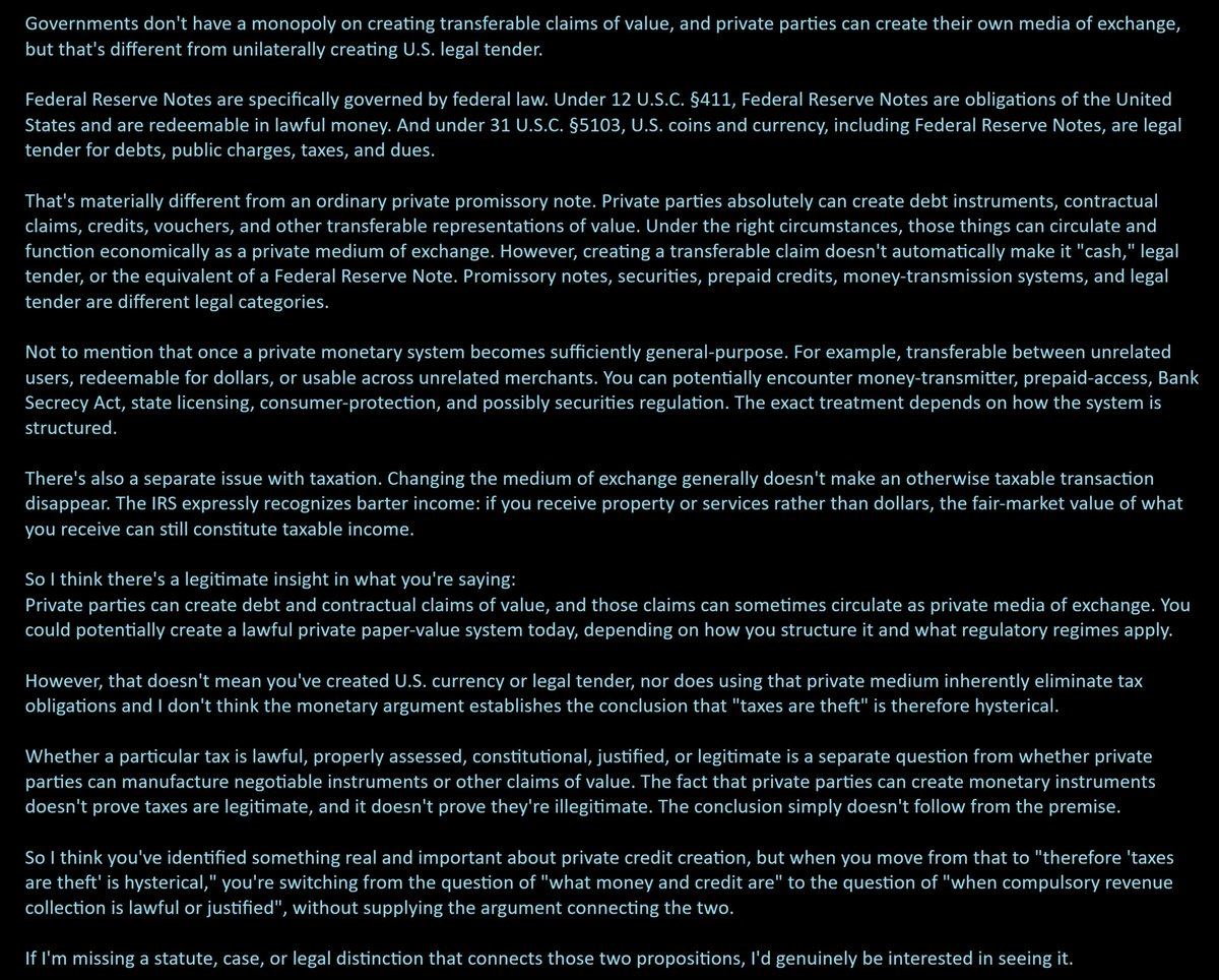 KodinglsFun's tweet photo. @1_Stupid_Fuck AFAIK, taxes can be lawful or unlawful, properly or improperly imposed, &amp; people can disagree on legitimacy, but I’m not seeing how private currency creation leads to your conclusion on taxes.

Maybe I’m missing it 🤷‍♂️IDK I'm just another stupid fuck trying to understand... https://t.co/RQlwZVL1Xv