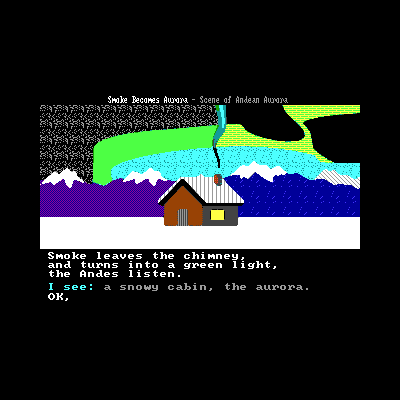 A retro 8-bit style game titled 'Smoke Braves: August - Scene of Andean August' depicting a snowy cabin beneath the aurora, with text reading 'Smoke leaves the chimney, and turns into a green light, the Andes listen. see: a snowy cabin, the aurora. OK.'