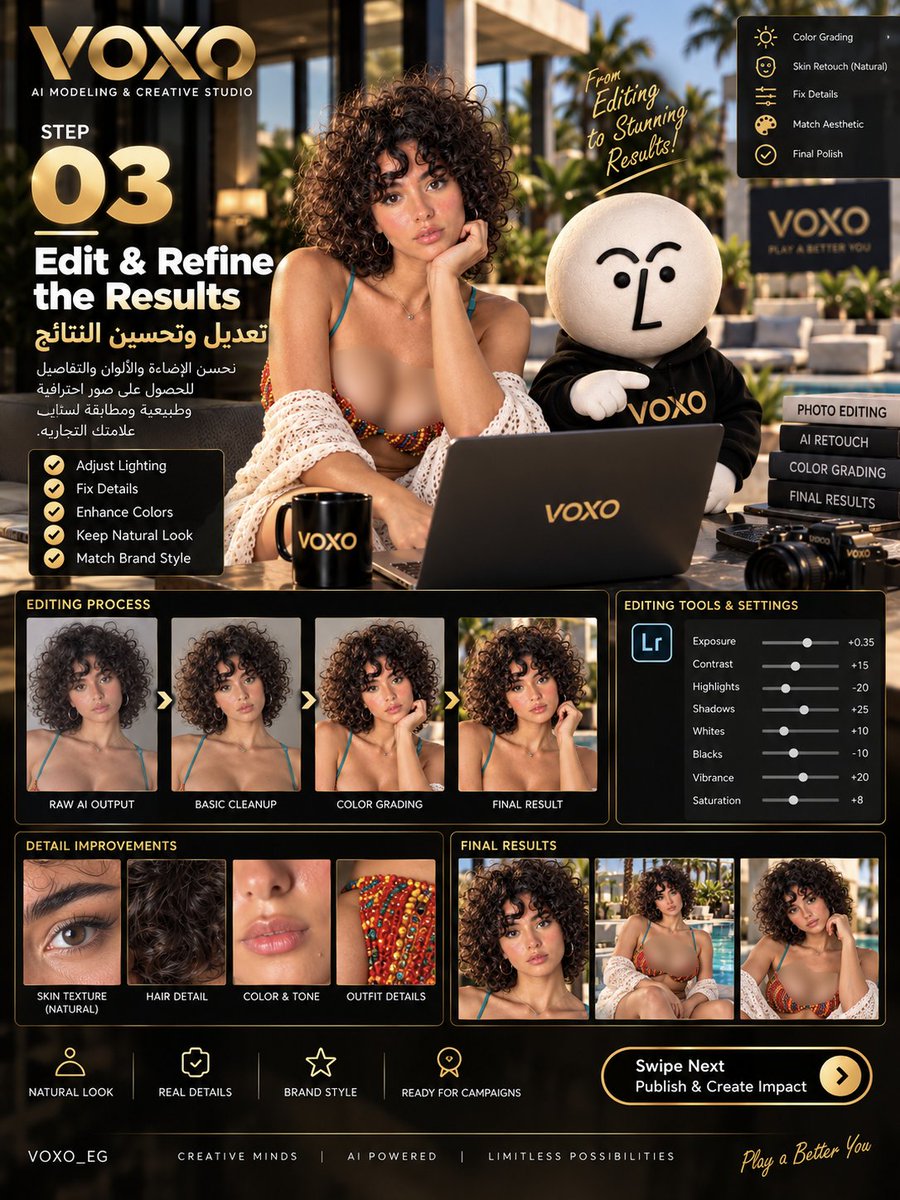 voxo_eg's tweet photo. من أول اختيار الـModel لحد ما الـContent يبقى جاهز للنشر! ✨🔥

 مع VOXO، بنحوّل فكرتك لـAI Campaign كاملة في 4 خطوات: 

1️⃣ Choose the Model 

2️⃣ Create Outfit &amp; Location Sheets 

3️⃣ Edit &amp; Refine the Results 

4️⃣ Publish &amp; Create Impact 🚀 https://t.co/ewBZf8fMkM