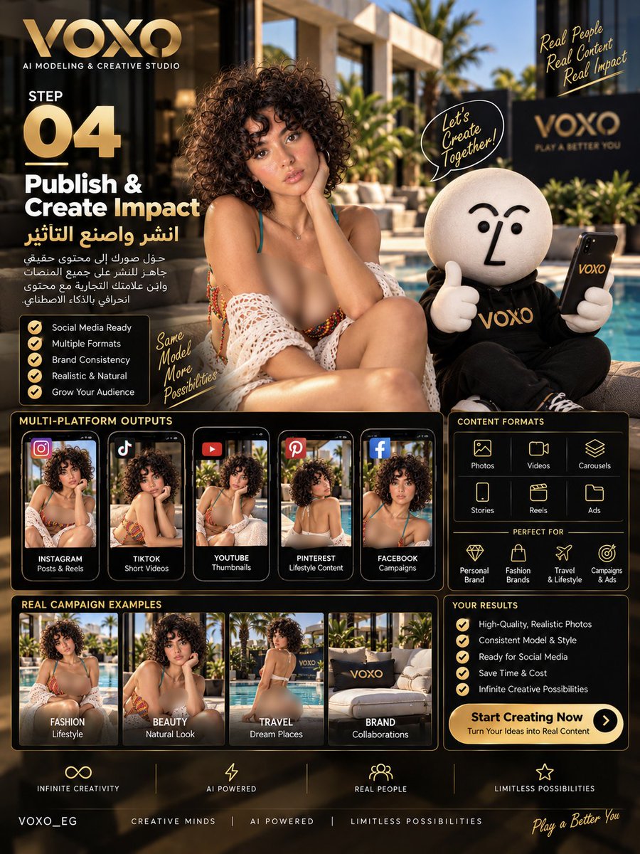 voxo_eg's tweet photo. من أول اختيار الـModel لحد ما الـContent يبقى جاهز للنشر! ✨🔥

 مع VOXO، بنحوّل فكرتك لـAI Campaign كاملة في 4 خطوات: 

1️⃣ Choose the Model 

2️⃣ Create Outfit &amp; Location Sheets 

3️⃣ Edit &amp; Refine the Results 

4️⃣ Publish &amp; Create Impact 🚀 https://t.co/ewBZf8fMkM