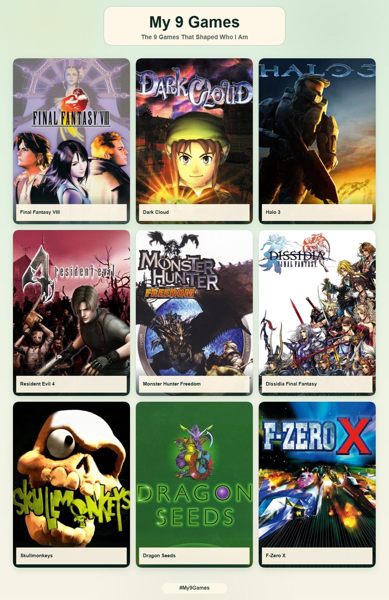 Gilgomush's tweet photo. This was neat. Here are just some of the formative games I grew up with... I definitely need to sit and think on it more as the list could change with a single memory. Super Mario Land, Pokemon Ruby/Crystal, Tekken 3, FF9, FF7, Ocarina of Time, Majora's Mask... #my9games #9games https://t.co/CDgX7Px3Y9