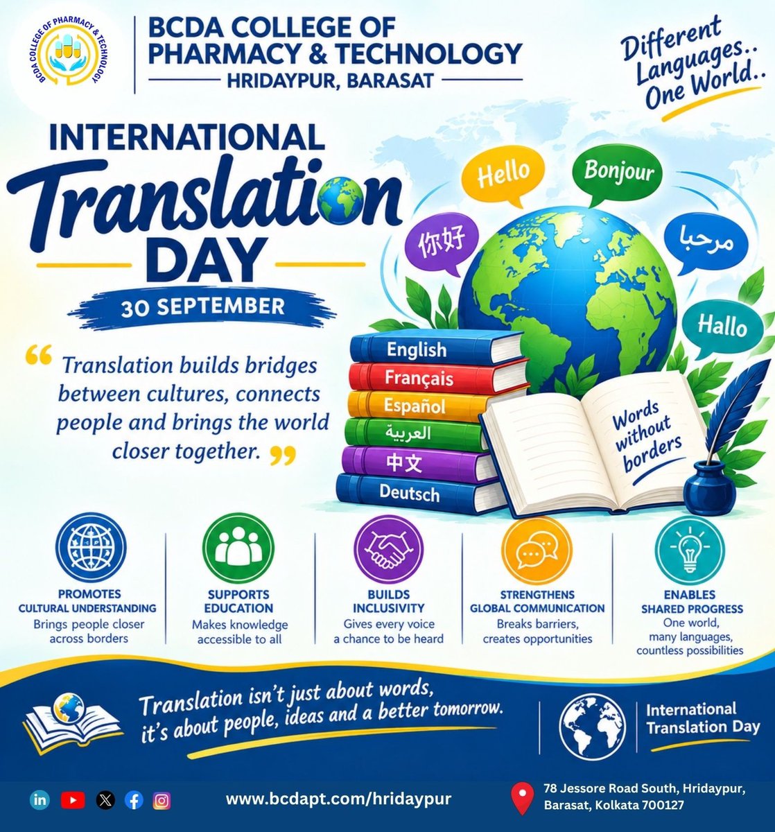 bcdacpt201's tweet photo. #InternationalTranslationDay #TranslationDay #30September #DifferentLanguagesOneWorld #LanguageConnectsUs #BridgingCultures #GlobalCommunication #CulturalUnderstanding #Inclusivity #EducationForAll #KnowledgeSharing #LanguageMatters #BCDACPT #BCDACollegeOfPharmacyAndTechnology https://t.co/BTxQRjtZrt