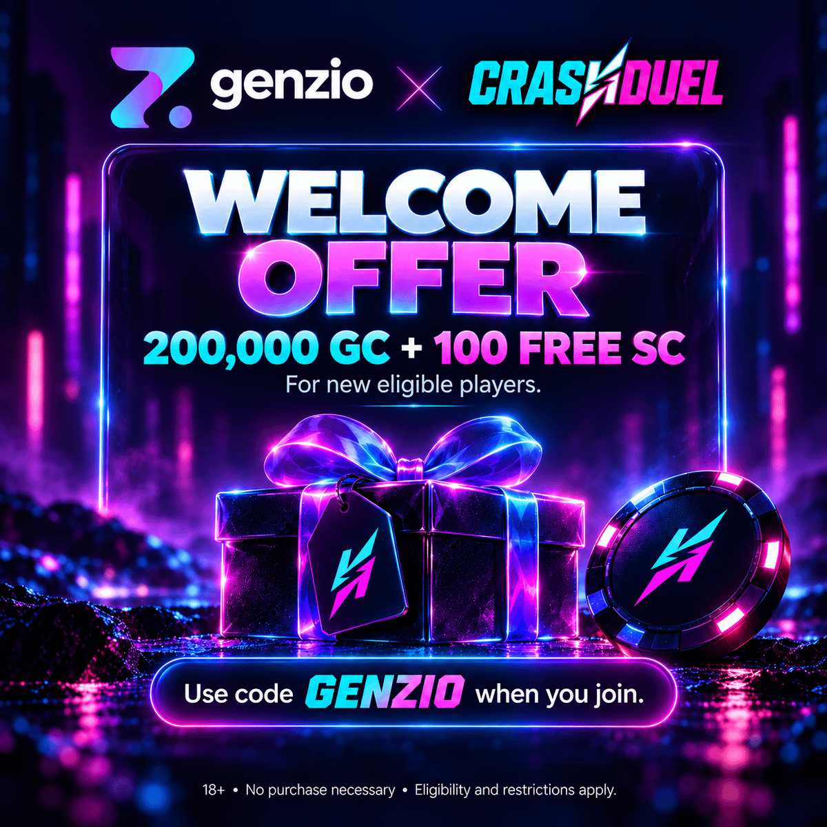 Genzio's tweet photo. For new eligible players, @CrashDuel currently has a welcome offer of 200,000 GC + 100 Free SC.

If you’re checking it out, use code GENZIO when you join 👉 https://t.co/TTjD6xcliX

Read the terms before playing: the Free SC offer has playthrough and time requirements.

18+. No purchase necessary. Eligibility and restrictions apply.