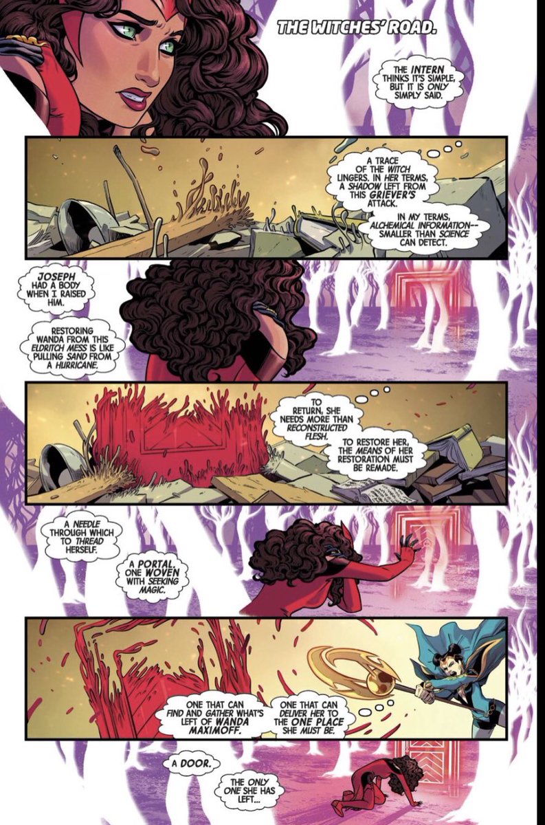 katykats7376's tweet photo. @TFOblivion Hexfinder did not "bring back", she utilized the doorway emanated by Wanda herself to reconstitute Wanda as the door was made of wanda’s own magical essence which is a trace of her power Hexfinder just leveraged this existing magical construct of Wanda's to reassemble herself https://t.co/yZ2nk8swHR