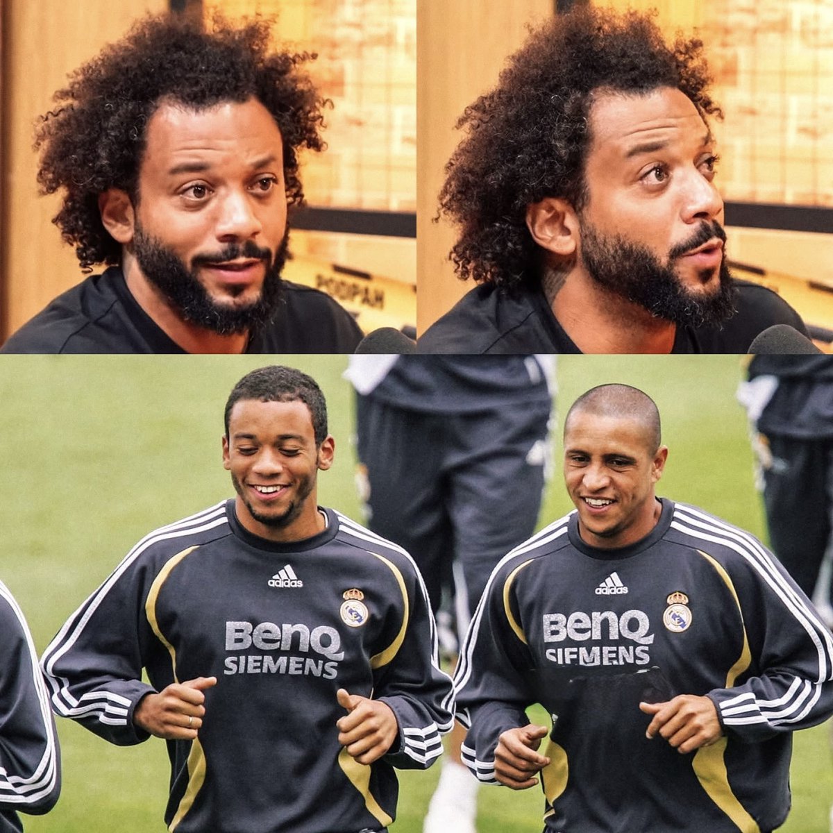 MotivacionesF's tweet photo. MARCELO: “Roberto Carlos fue una persona increíble en mi llegada a Madrid. Eso fue gracioso y muy fuerte a la vez. Llegas a un sitio, tu ídolo te recibe muy bien sabiendo que tú juegas en su misma posición, que yo venía para ser el ‘sucesor de Roberto Carlos’. Sabiendo eso, él me trató, a mí, a mi mujer, a mi cuñado, a mi abuelo, como si fuéramos su familia. Tiempo atrás yo lo veía por la TV con la boca abierta."

"Pero eso no fue todo, Roberto Carlos me dio su teléfono para lo que necesitara: 'Me dijo, 'Marcelo, toma mi número y apunta, cualquier cosa que necesites, llámame'. No es normal que uno se porte tan bien con alguien que viene a ocupar su posición. Y él lo hizo, conmigo y con mi familia. En teoría venía a quitarle el sitio y me ayudó muchísimo."

"Nunca le llamé, pero él a mí sí. Una Navidad me dijo: ‘Mira, las Navidades no nos da tiempo a ir a Brasil porque son 5 días, ven a mi casa'. Estar en la casa de tu ídolo y que te reciba así no tiene precio”.