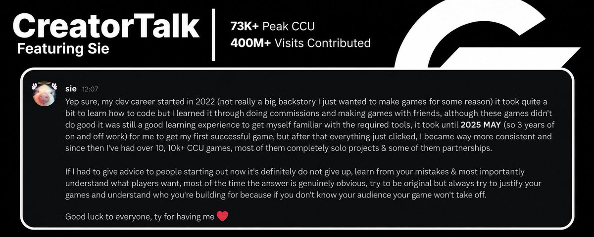 CreatorTalkings's tweet photo. "If I had to give advice to people starting out now it's definitely do not give up, learn from your mistakes & most important understand what players want"

I asked @rblxsie, a developer for +1 pickaxe swing escape, a game with over 70K+ players at its peak, how he got into the place he is in today 👇
