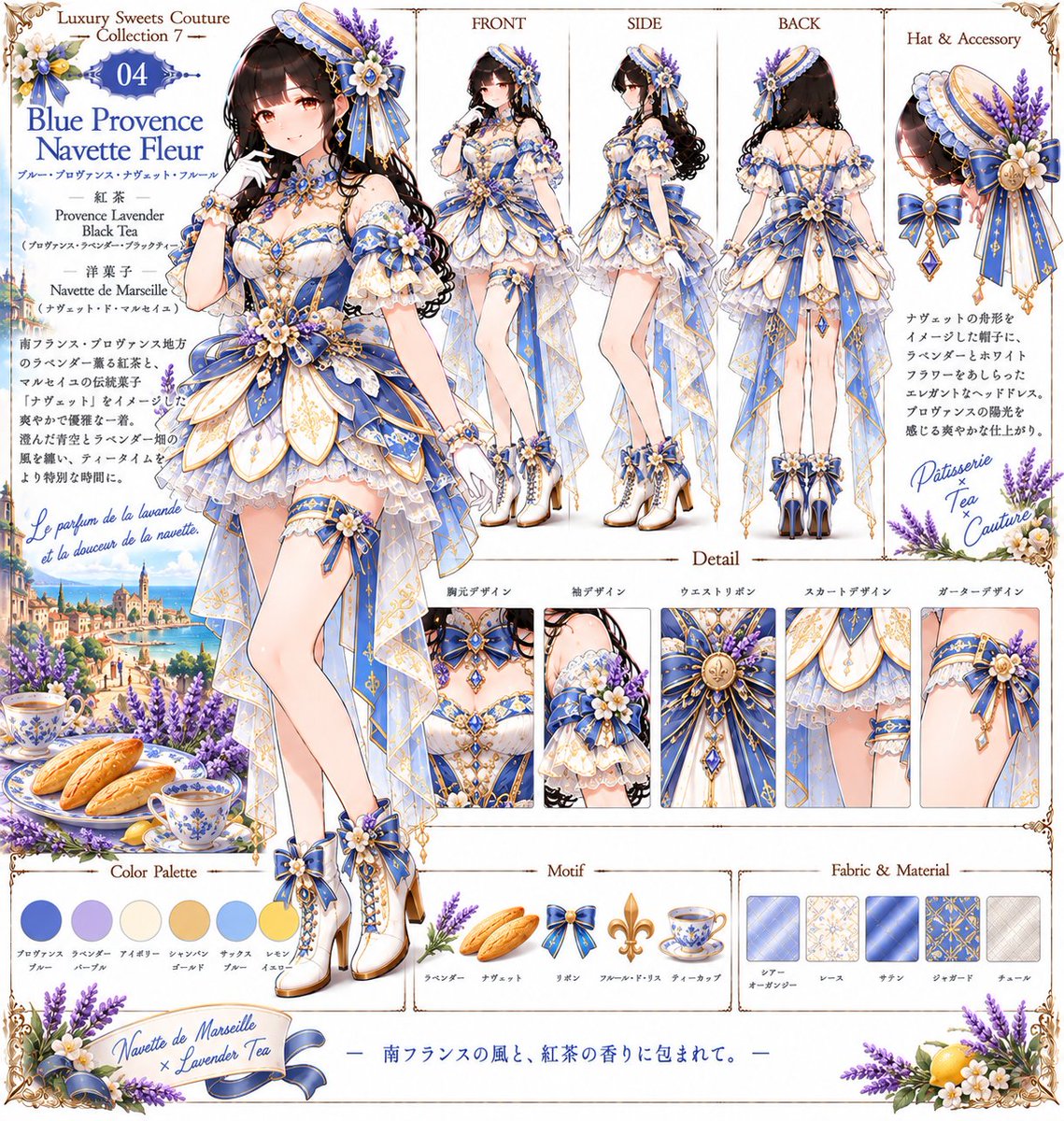 tarotaro_mgm's tweet photo. 👗AI衣装デザイン図鑑👗
🇫🇷🍰🫖 Luxury Sweets 
　　　　　　Couture Collection 7 🫖🍰🇫🇷

Pâtisserie Tea Voyage — Season 2

― フランス洋菓子と紅茶を巡る、甘美な旅。―

ブルー・プロヴァンス・ナヴェット・フルール
Blue Provence Navette Fleur
Lavender Breeze, Sweetness of Marseille
004/010

テーマ
南フランス・プロヴァンスのラベンダー畑と
マルセイユの伝統菓子ナヴェットを、
澄んだブルーとアイボリーで衣装化。
花々とゴールド装飾を重ね、爽やかな風と
優雅なティータイムを感じるアイドルコーデ。

特徴
💜 ラベンダー＆白花のアクセント
💎 ブルージュエルの胸元リボン
🤍 花びら型アイボリーボディス
🩵 ブルー×白の多層ミニスカート
🎀 大型ブルーバックリボン＆ロングテール

※プロンプトは下にあります
❤️ いいね・RP・保存で応援していただけると
励みになります！
※他の衣装シリーズもプロフィールから
ご覧いただけます

#LuxurySweetsCoutureCollection7 
#MegumixCollection #AICostumeCreato

Dress the woman in the reference image in this exact Blue Provence Navette Fleur idol costume, preserving her face, hair and identity. Create a fitted ivory sweetheart bodice with royal-blue side panels, fine gold piping, floral embroidery and delicate blue gemstone chains across the front. Frame the neckline with a layered royal-blue ribbon arrangement centered by a sapphire diamond jewel. Add off-shoulder ivory puff sleeves with blue ribbon bands, lace ruffles, lavender sprigs and small white flowers. Keep the skirt very short at upper-thigh length exactly like the reference: layered ivory petal-shaped overskirt panels outlined in gold over compact white lace ruffles, surrounded by royal-blue structured side panels with fleur-de-lis embroidery. Long pale-blue patterned drapes fall only from the sides and rear, preserving the short front hem. The back uses crossed gold-trimmed straps above a fully structured blue-and-ivory corset, with substantial fabric coverage. Finish the rear waist with a huge royal-blue bow, gold medallion, sapphire pendant and long blue/pale-blue ribbon tails. Add lavender floral mini hat, matching garter, white gloves and white lace-up ankle boots with blue floral bows.
